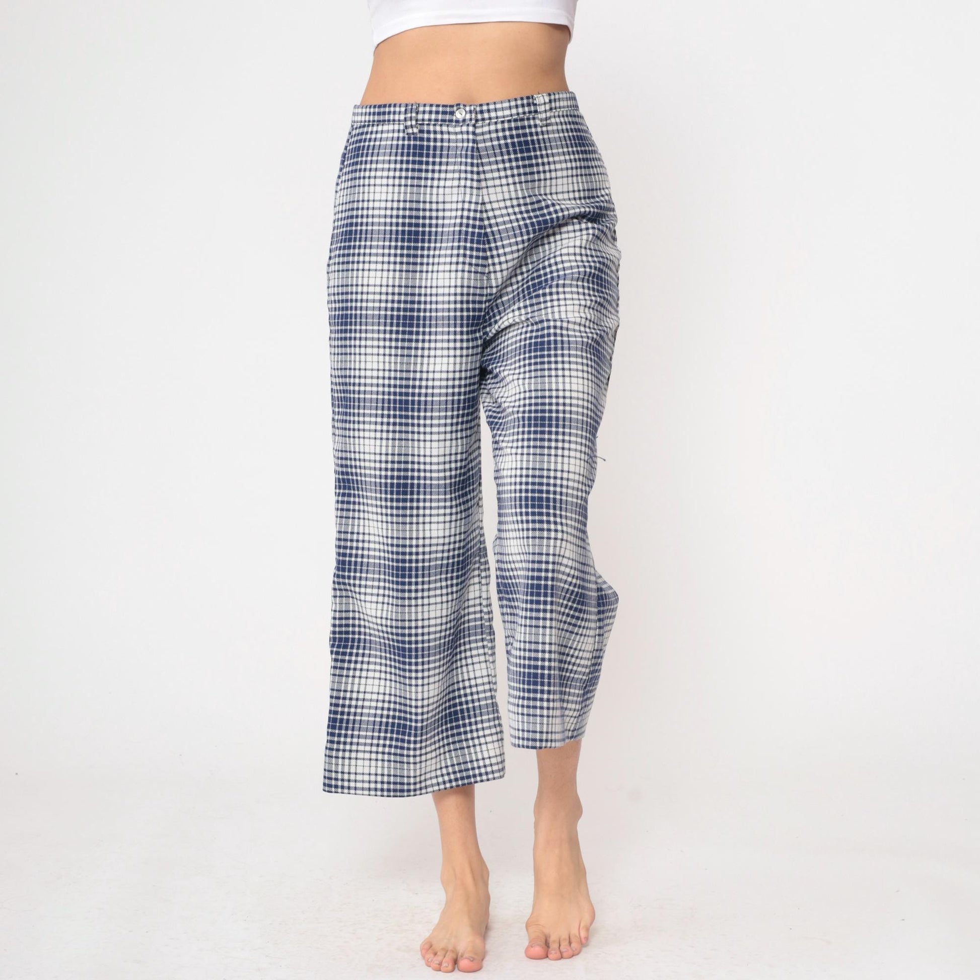 70s Jantzen Gingham Pants Blue White Checkered High Waisted Wide Leg Cropped Medium