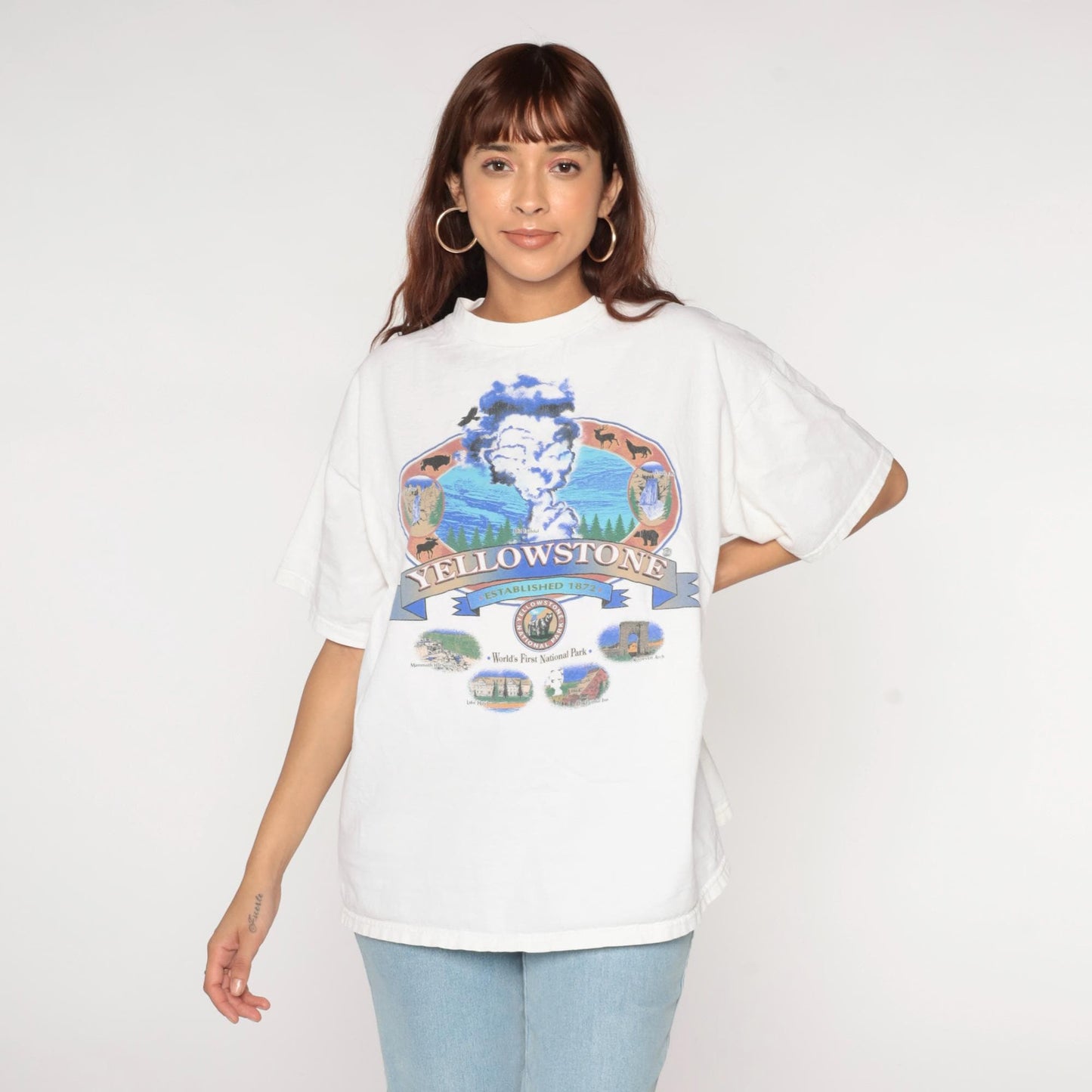 90s Yellowstone National Park Old Faithful Graphic T-Shirt White Cotton Extra Large