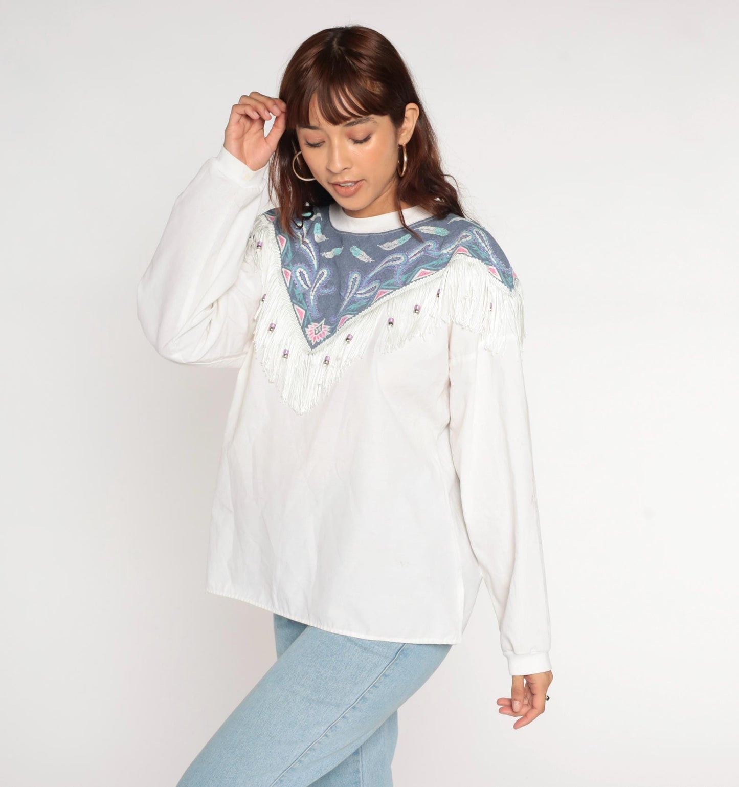 90s Southwest Fringe Long Sleeve T-Shirt White Beaded Yoke Paisley Large
