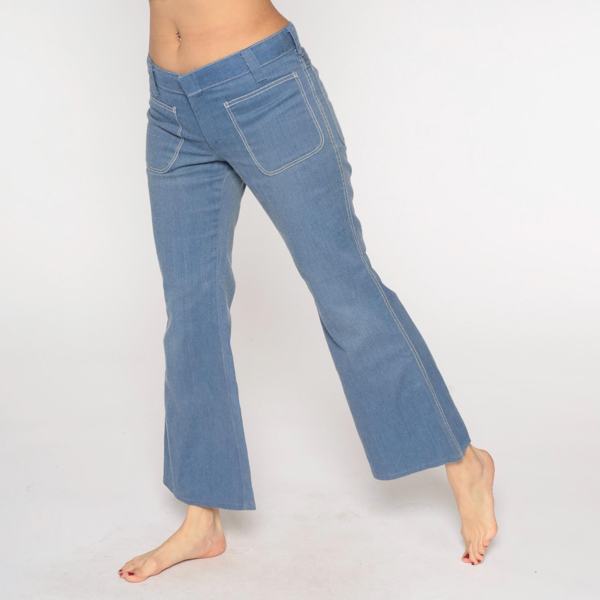 70s Blue Twill Bell Bottom Pants Mid Rise Flared Trousers Men's Medium