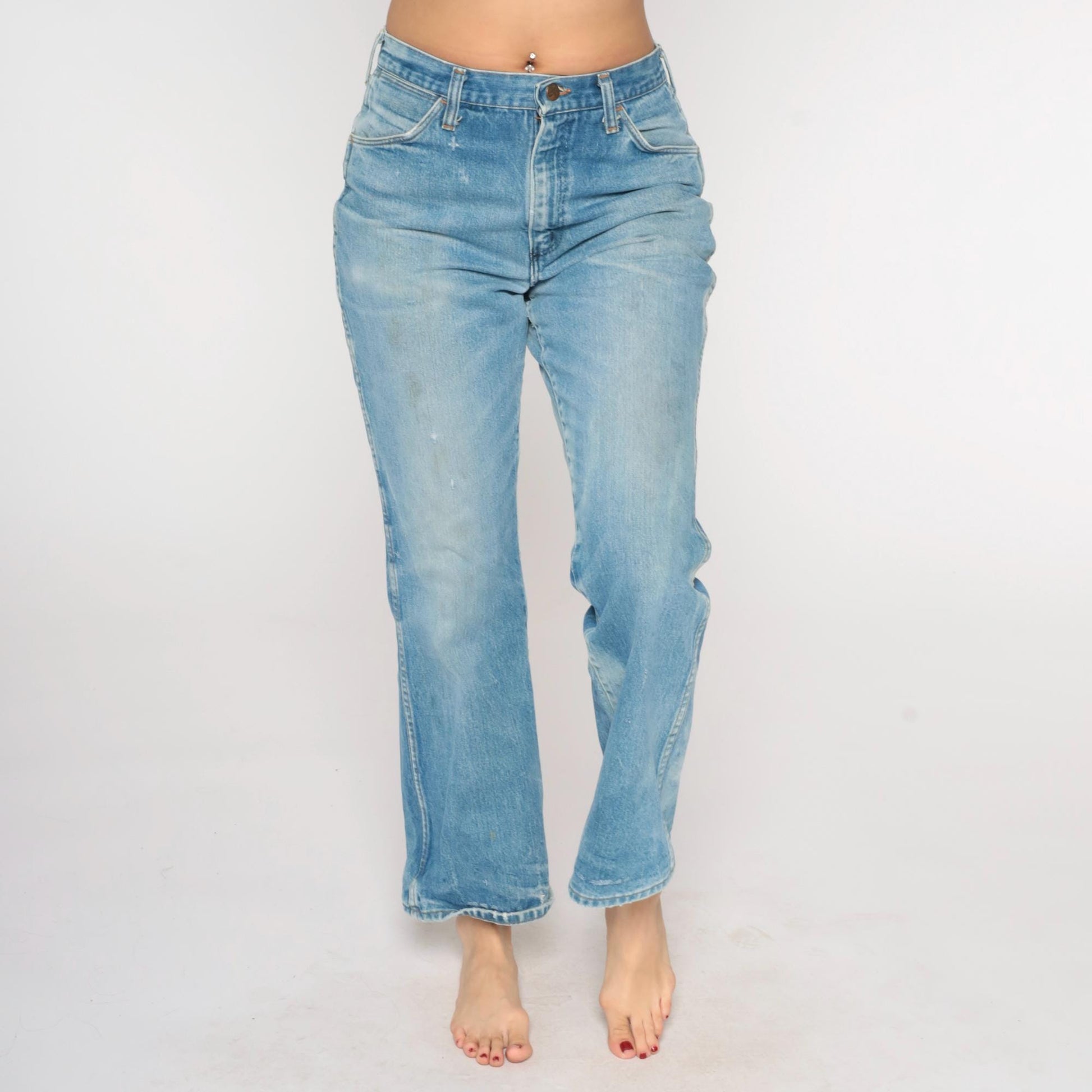 80s Wrangler Flared Jeans High Waist Bleached Distressed Blue 30