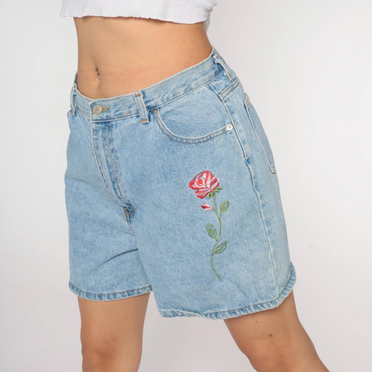 90s Floral Embroidered Blue Denim Shorts High Waisted Jean Shorts Medium