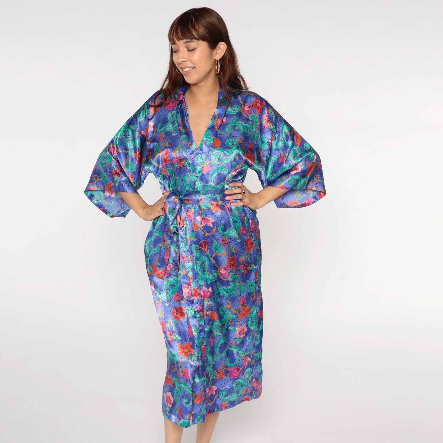 90s Purple Floral Satin Midi Robe Wrap Front Tie Belt Large