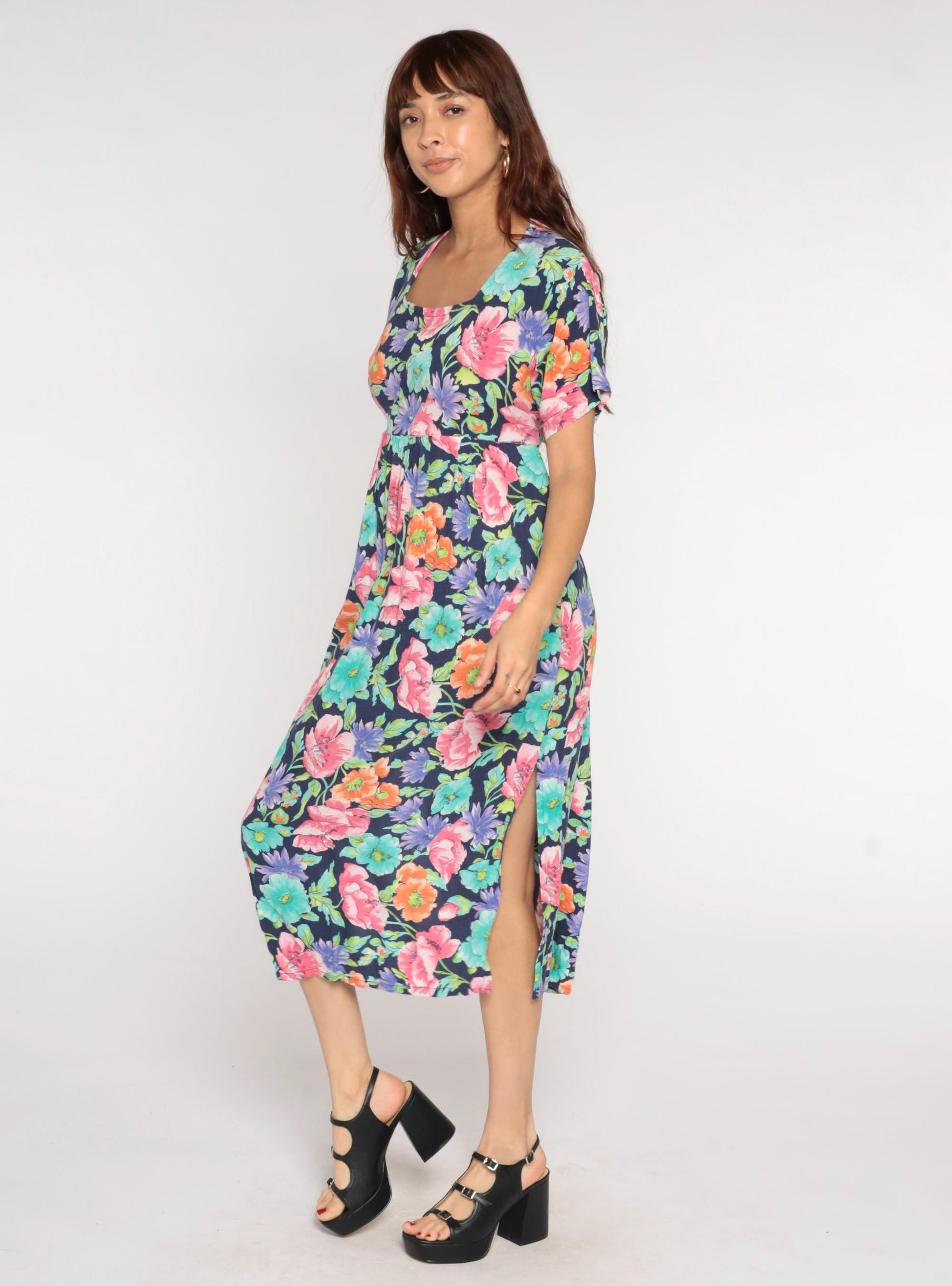 90s Diane Von Furstenberg Floral Empire Waist Midi Dress Navy Square Neck Extra Small