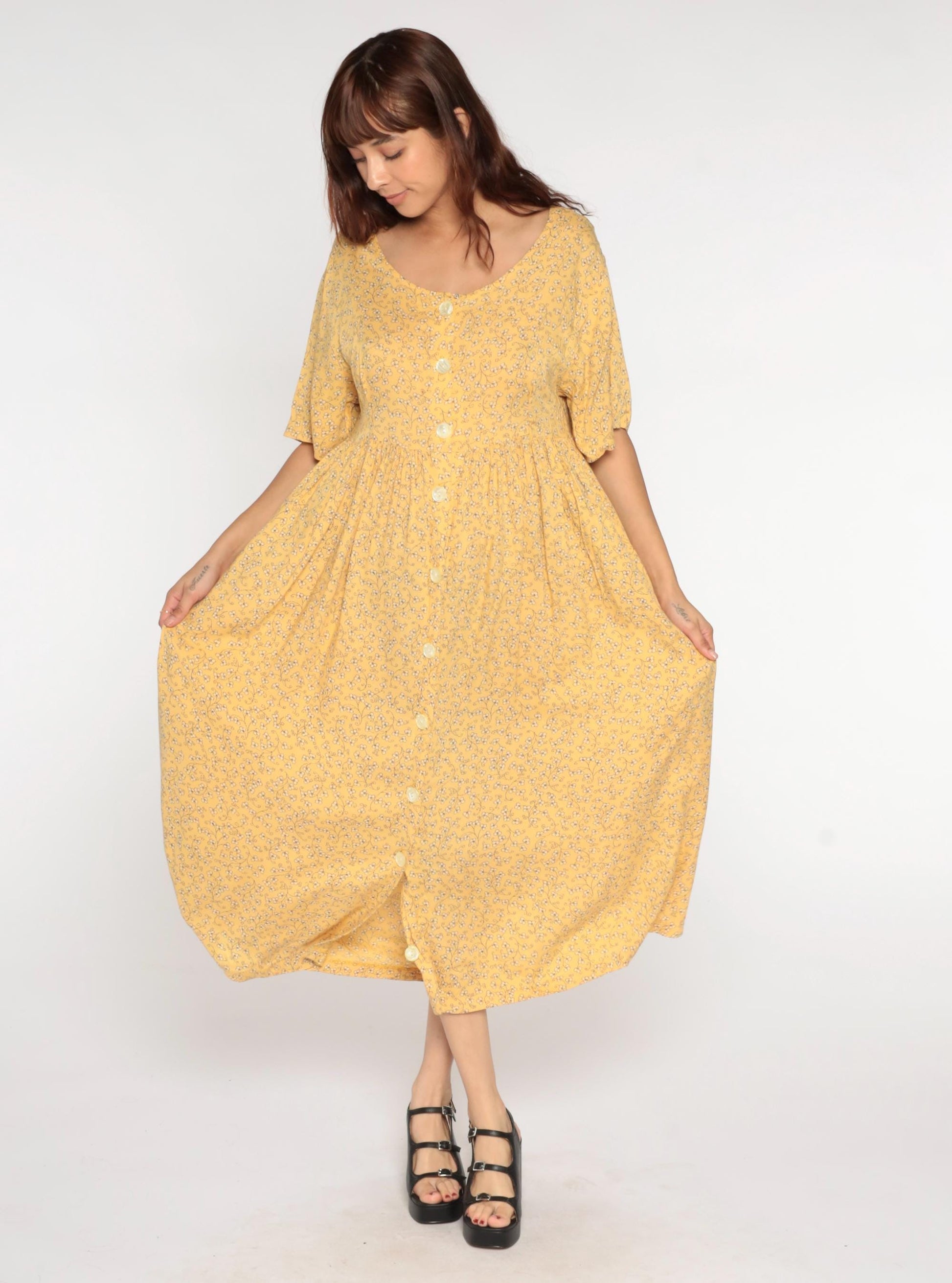 90s Yellow Floral Button-Up Shirtdress Rayon Maxi Ankle Length Medium
