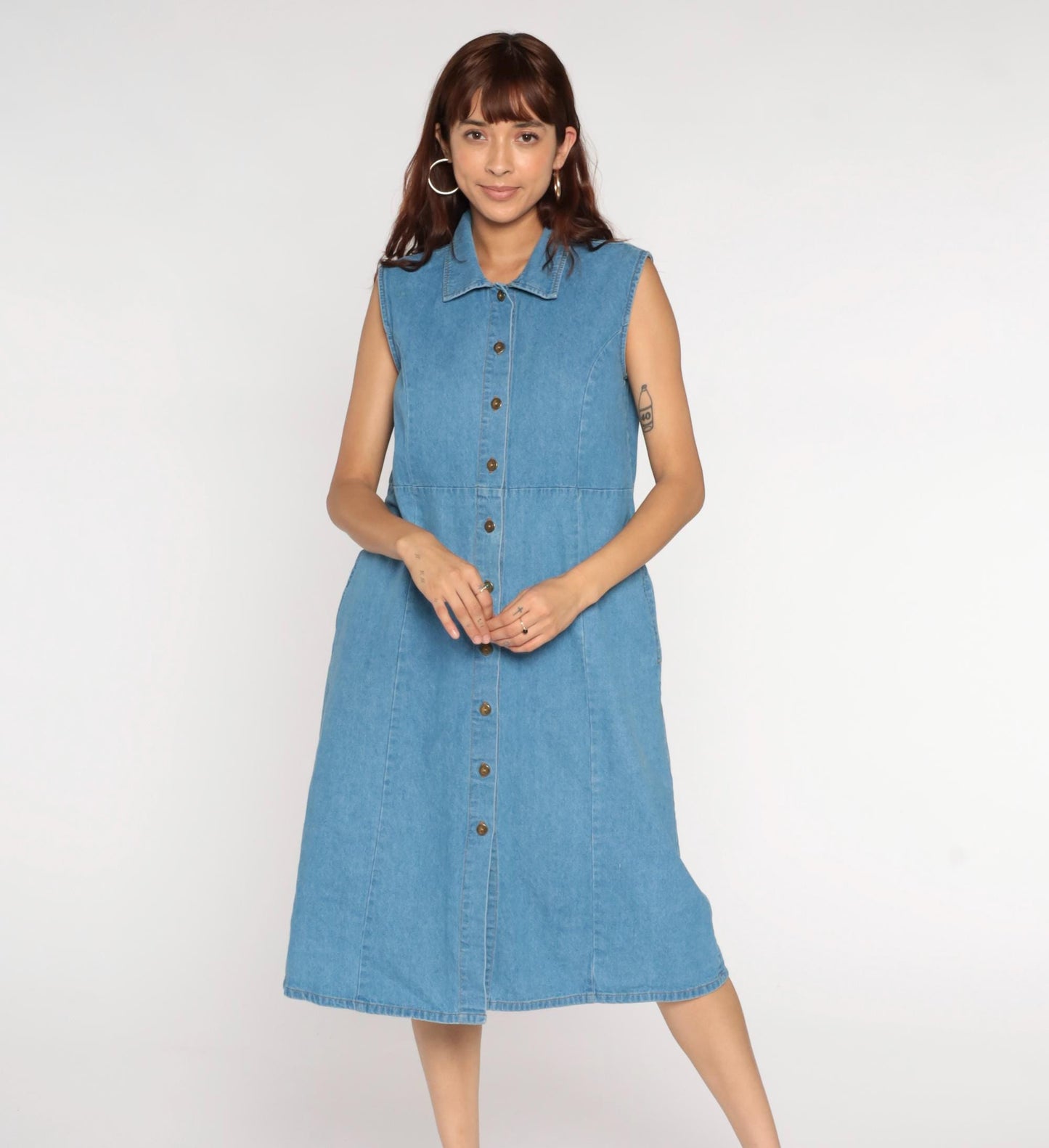 90s Blue Denim Midi Dress Sleeveless Button-Up High Waist Medium Large