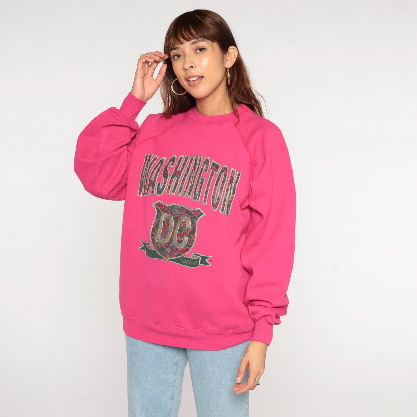 90s Washington DC Hot Pink Glittery Raglan Sweatshirt Crewneck Large