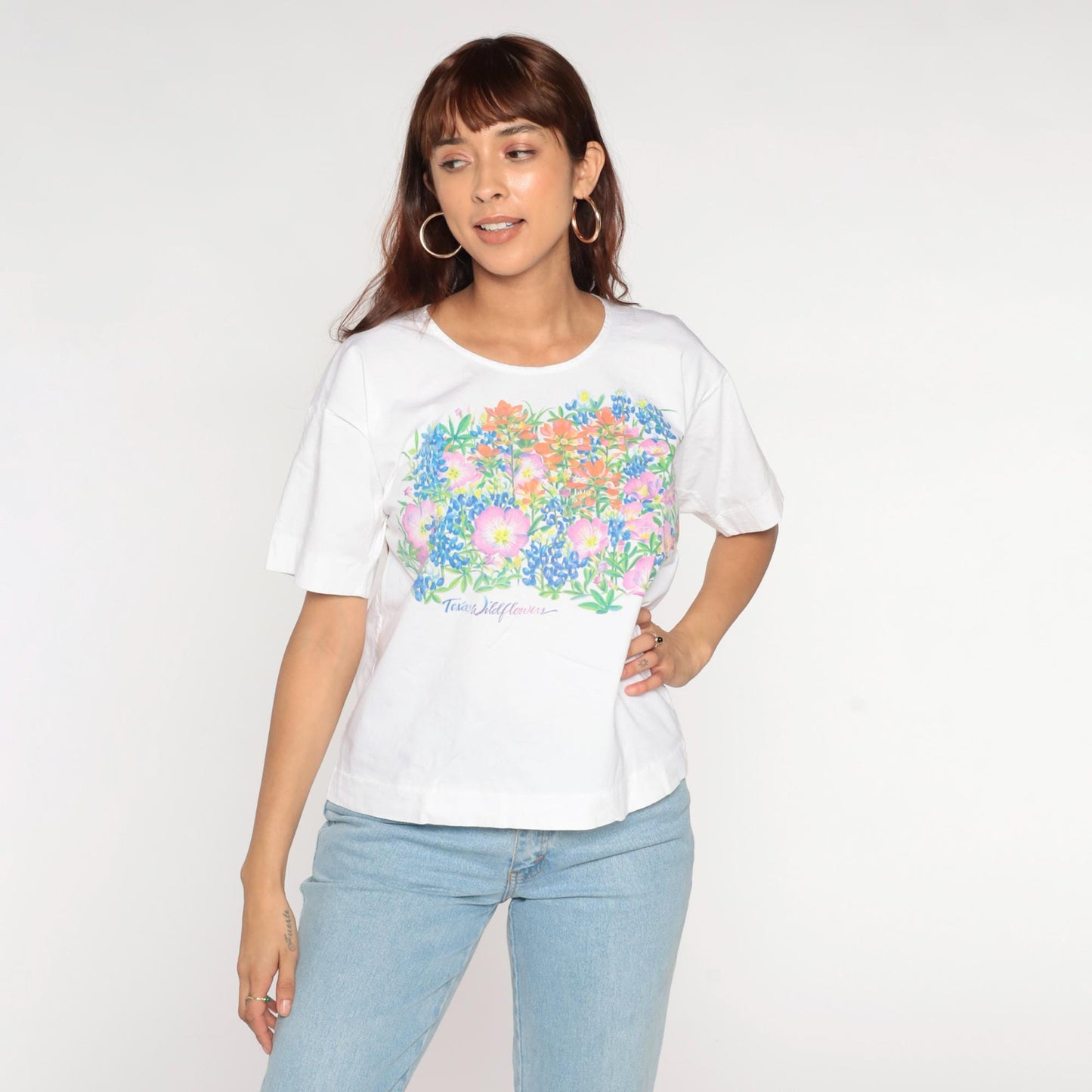 80s Swan Brand Texas Wildflowers White Graphic T-Shirt Cotton Tee Medium