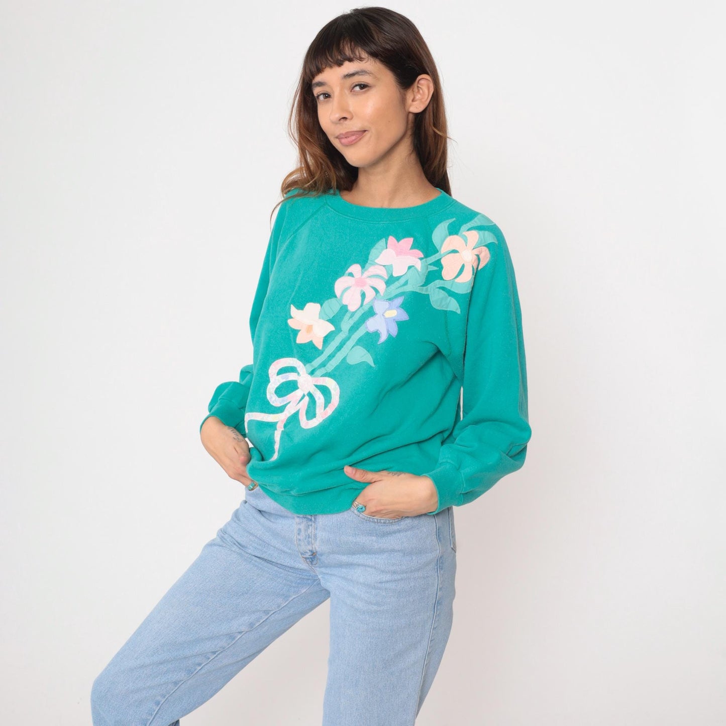 90s Creative Friends Floral Sweatshirt Turquoise Appliqué Crewneck Large L