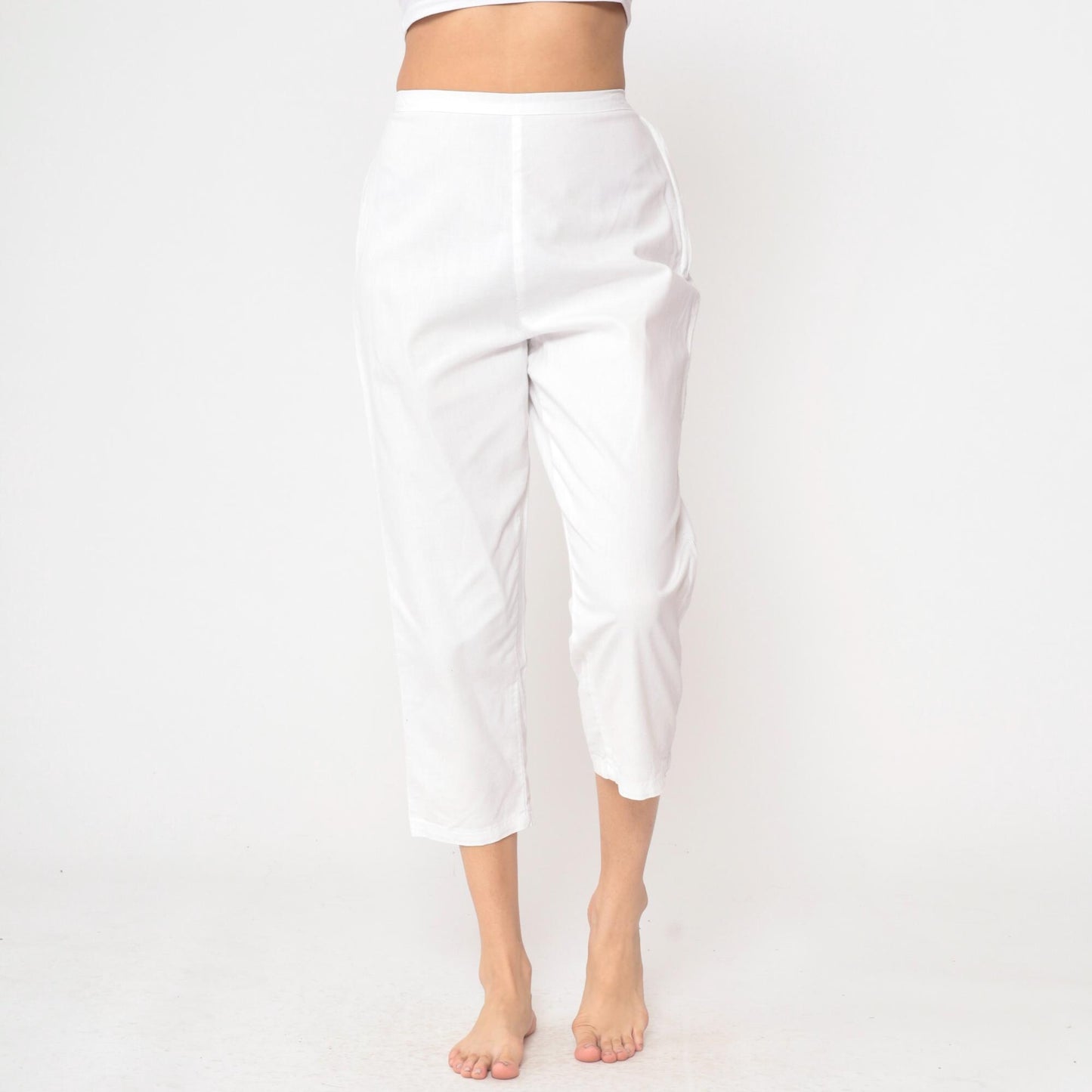 60s White High-Waisted Cropped Pants Cotton Straight Leg Small