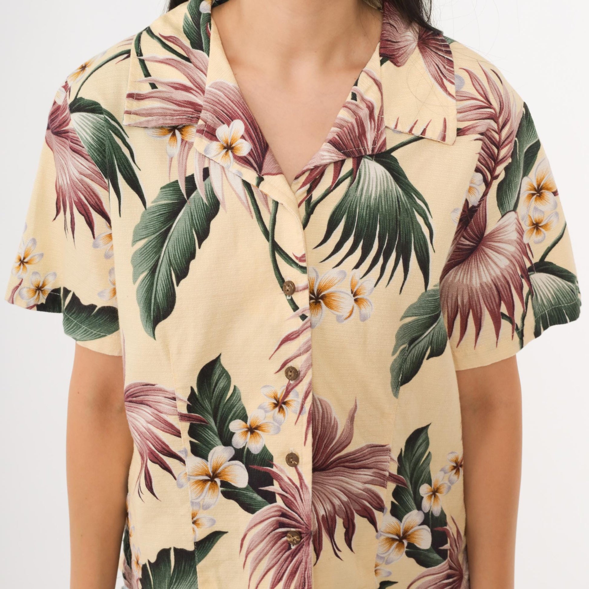 90s Kona Malia Hawaiian Aloha Shirt Yellow Plumeria Floral Cotton Extra Small