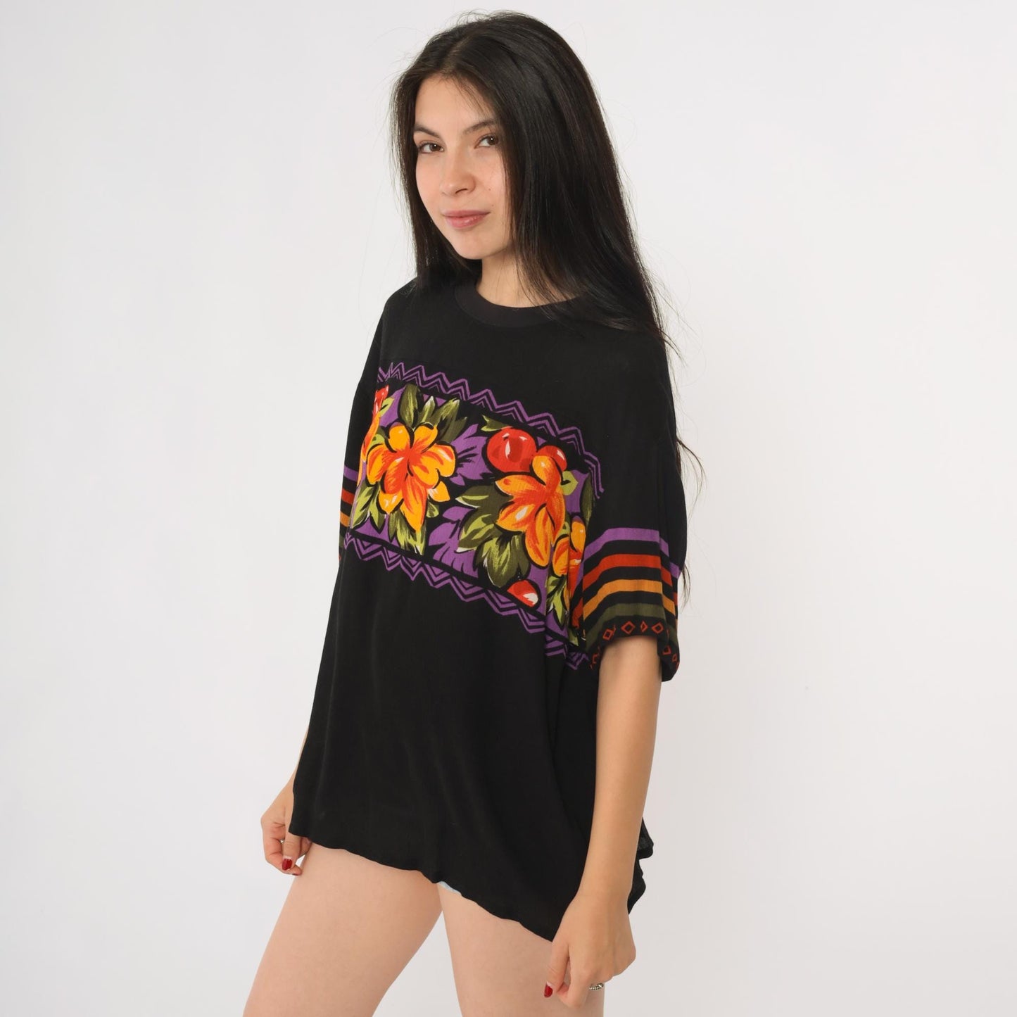 90s SK & Company Hawaiian Shirt Black Rayon Floral Orange Purple Large L