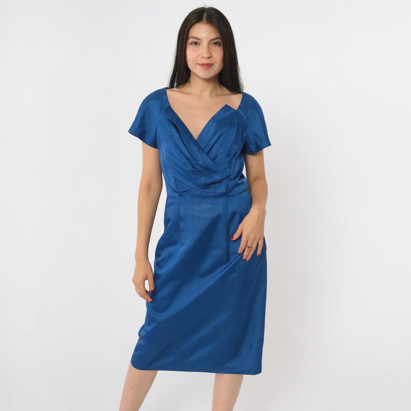 1960s Royal Blue Cocktail Dress Sculptural Neckline Midi Sheath Small S