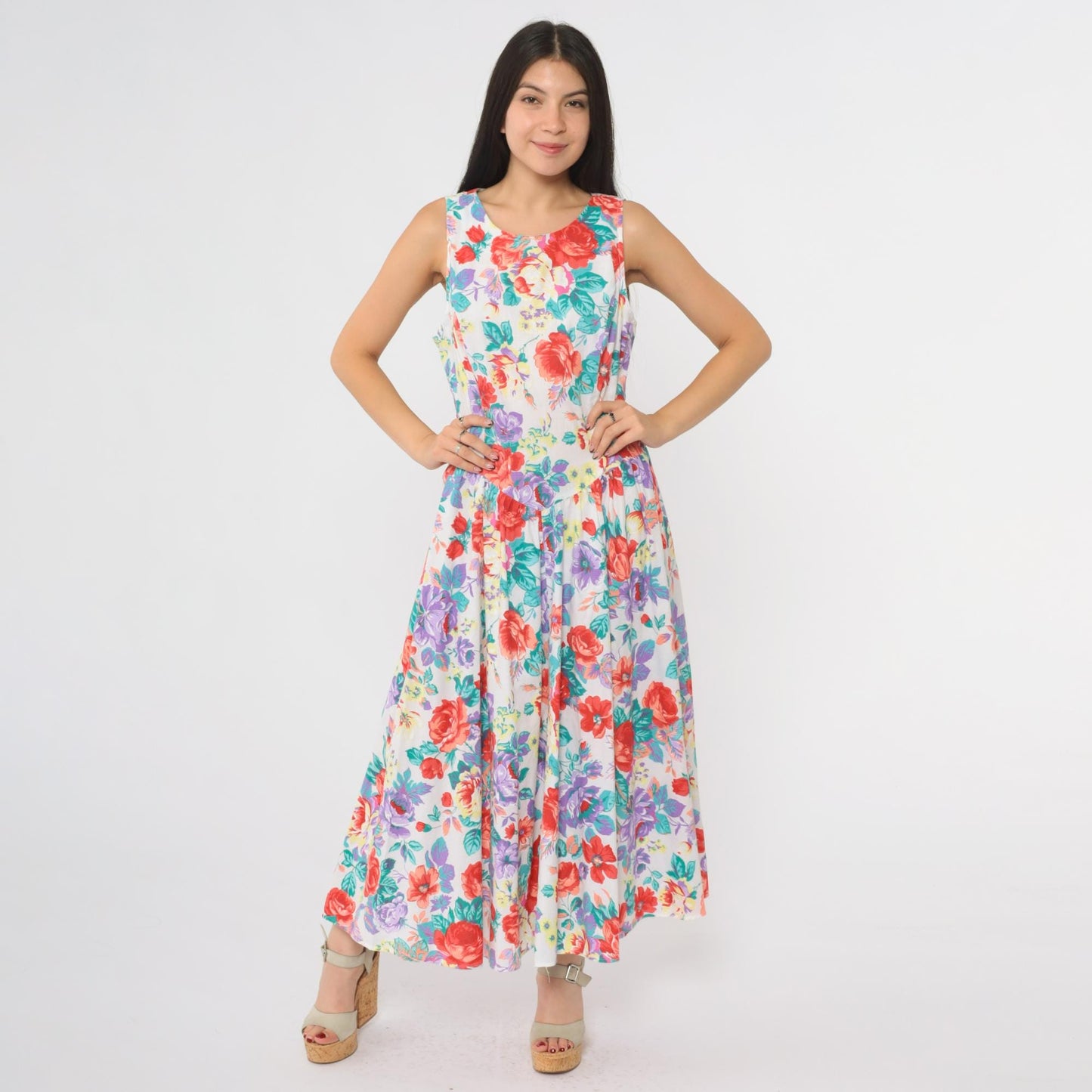 80s Eber San Francisco Floral Maxi Dress Sleeveless Tiered Skirt Medium