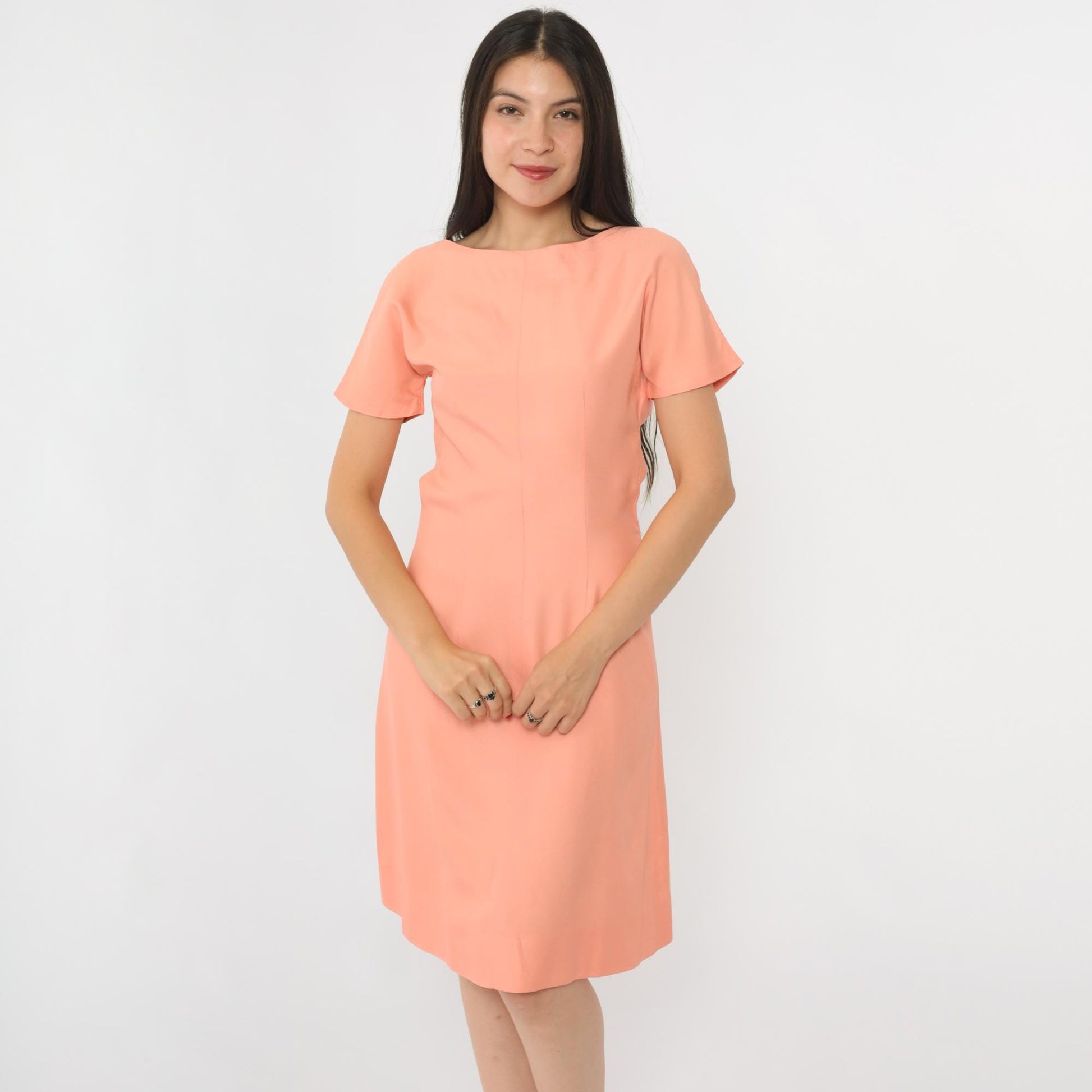 60s Peach Pink Sheath Dress Knee Length Short Sleeve Cocktail Small S