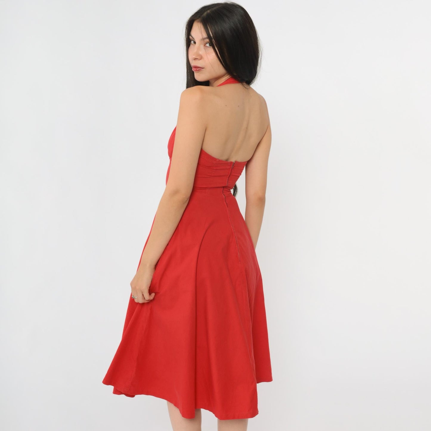 1950s Red Halter Sweetheart Midi Dress Full Skirt XXS