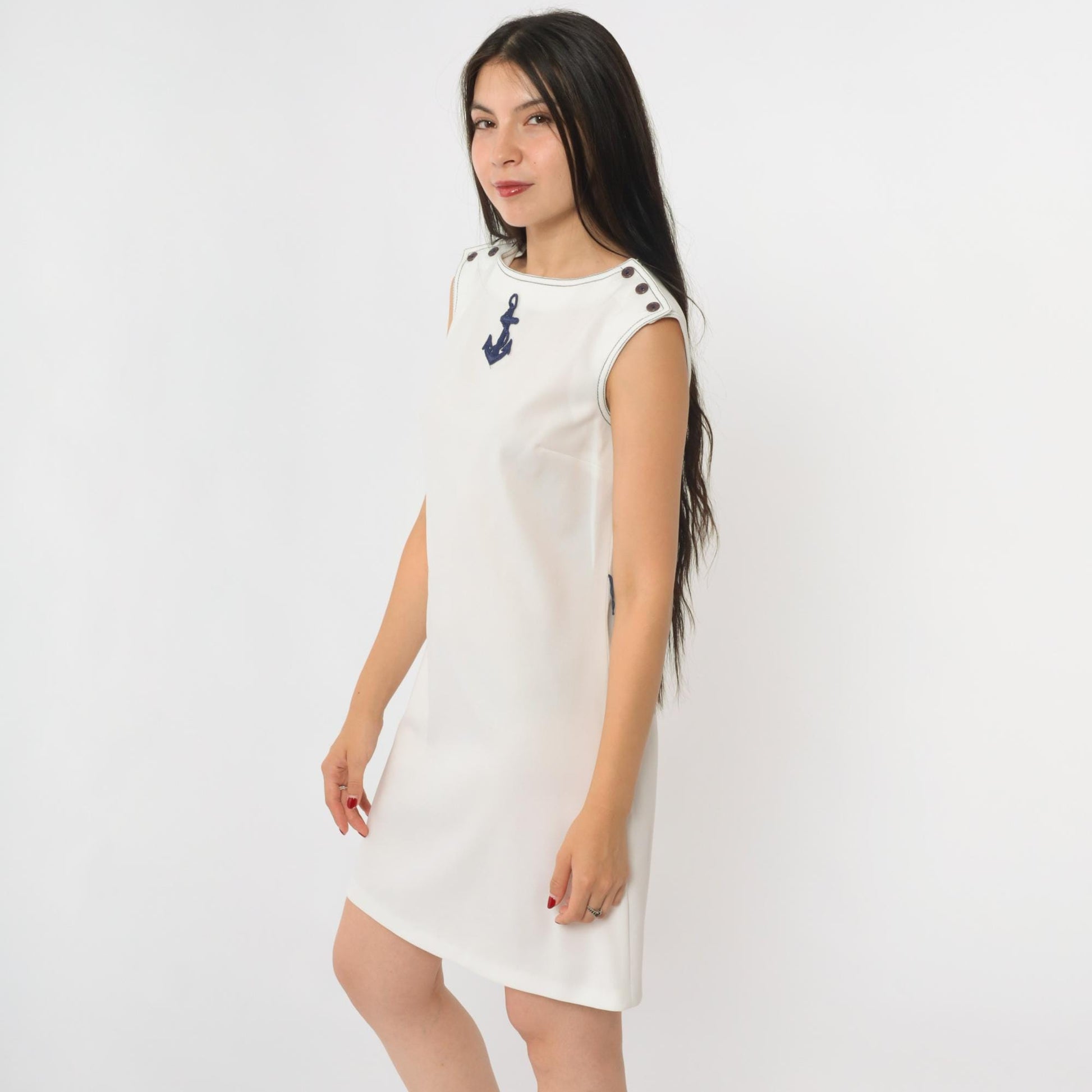 70s Caron Nautical Mini Dress Anchor Applique White Shift Sleeveless Small