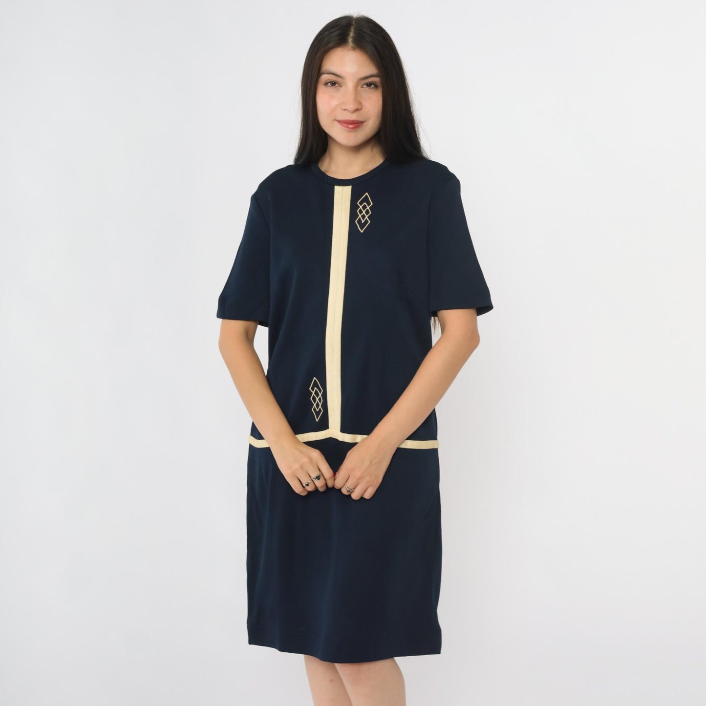 1960s Mod Scooter Dress Navy Geometric Drop Waist Shift Knee-Length Medium M