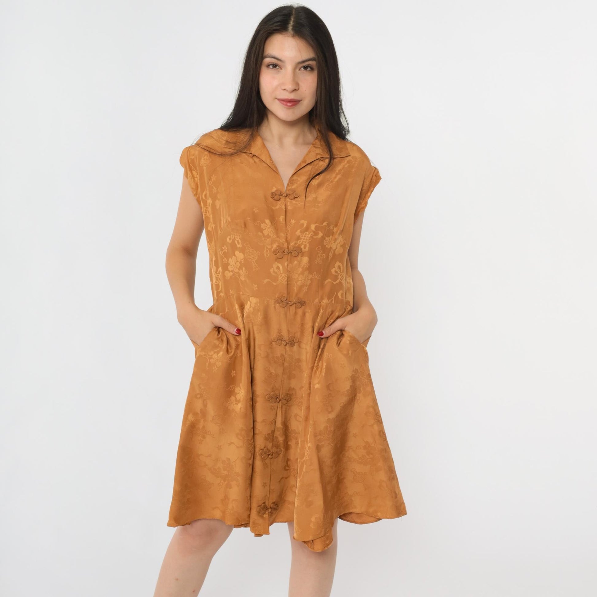 1950s Dynasty Silk Jacquard Dress Gold Asian Floral Cap Sleeve Fit Flare Medium