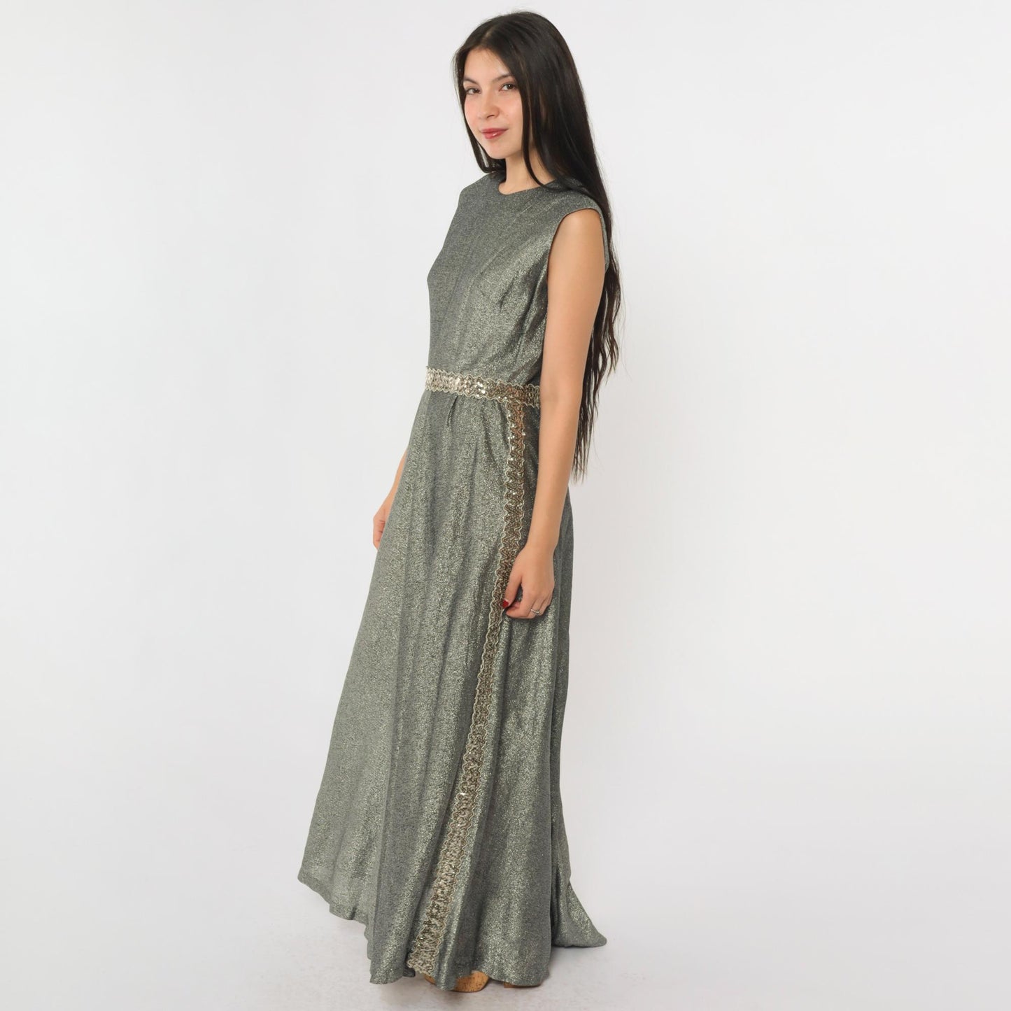 70s Silver Sequined Maxi Dress High Waisted Sleeveless Evening Gown Small