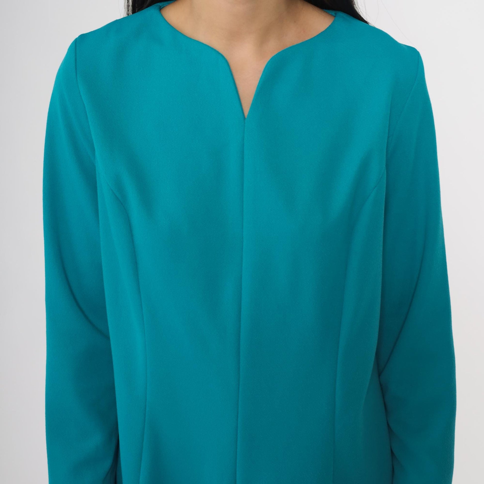 70s Turquoise Mod Mini Dress Long Sleeves V-Neck A-Line Shift Medium M