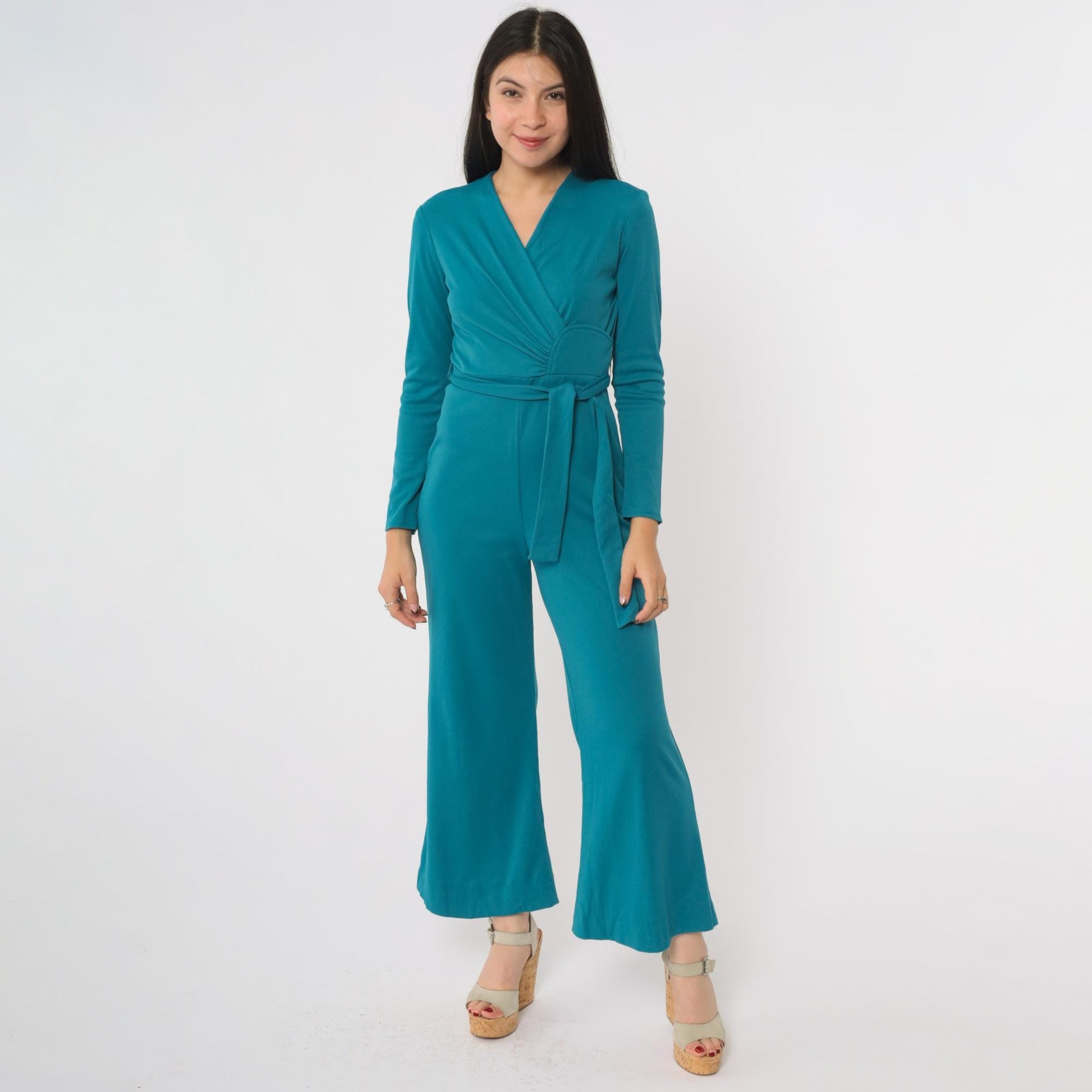 70s Turquoise Wrap Front Jumpsuit Bell Bottom Wide Leg V Neck Small