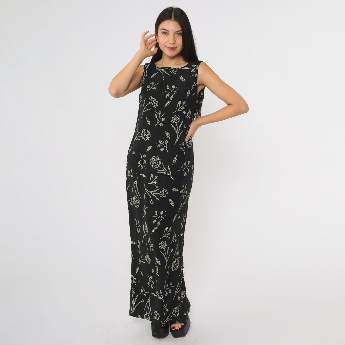 90s Campbell Black Maxi Dress Botanical Line Drawing Rayon Small