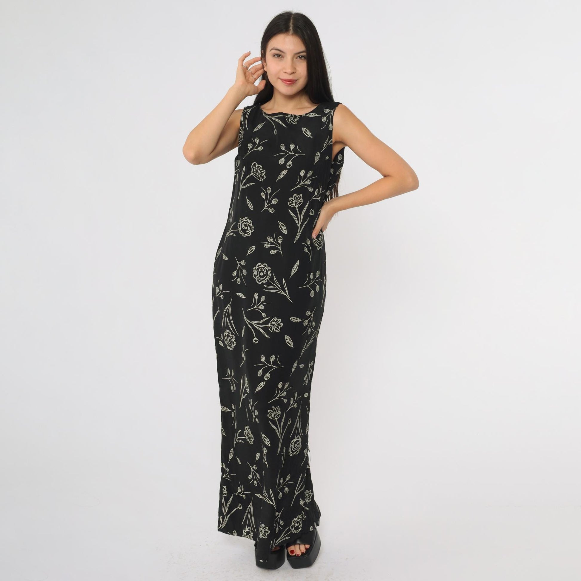 90s Campbell Black Maxi Dress Botanical Line Drawing Rayon Small