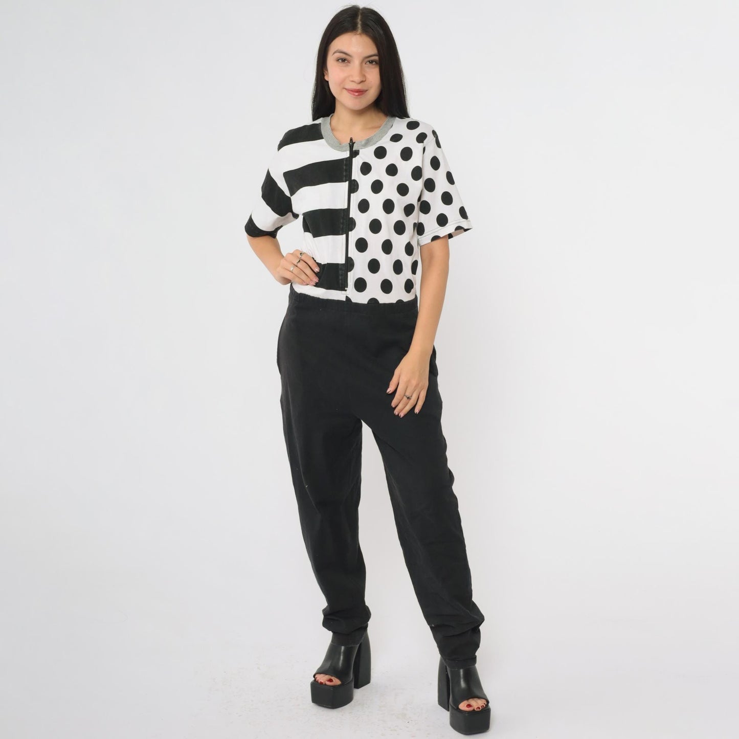 90s Black White Jumpsuit Mixed Print Polka Dot Stripes Front Zip Medium M