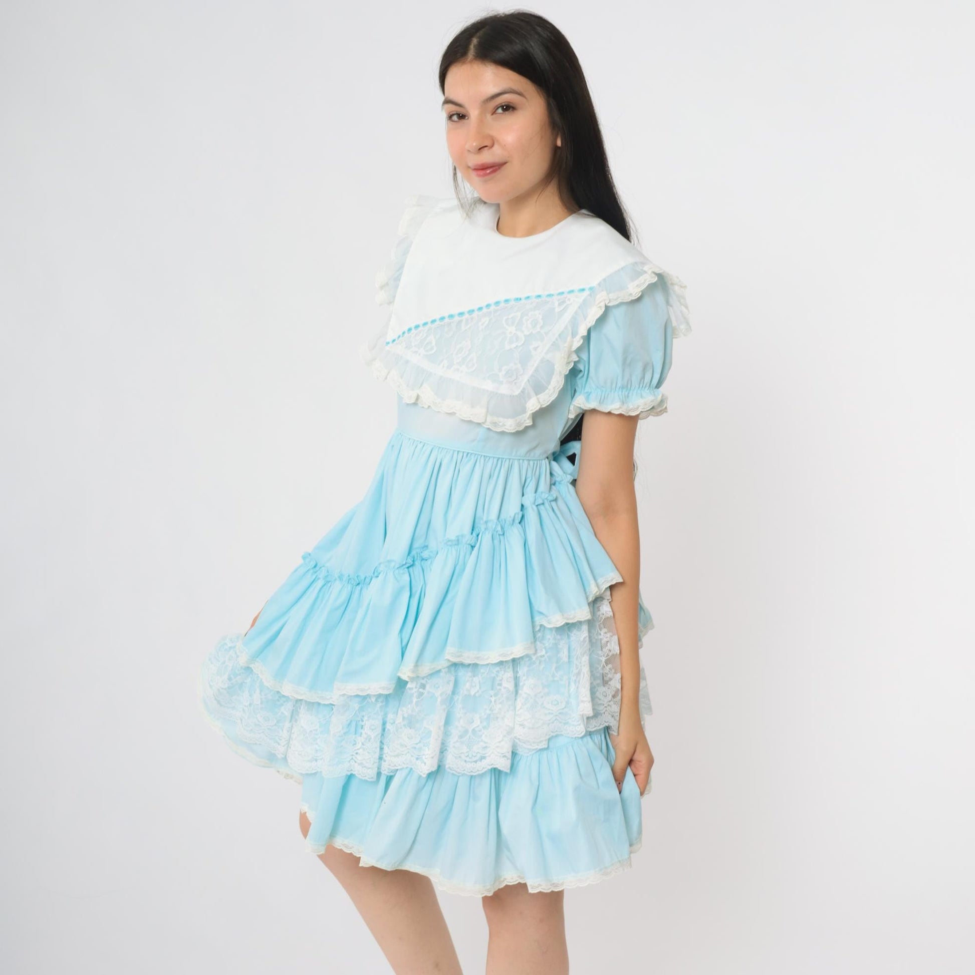 80s Allison Daley Light Blue Ruffle Dress Puff Sleeves Lace Trim Extra Small