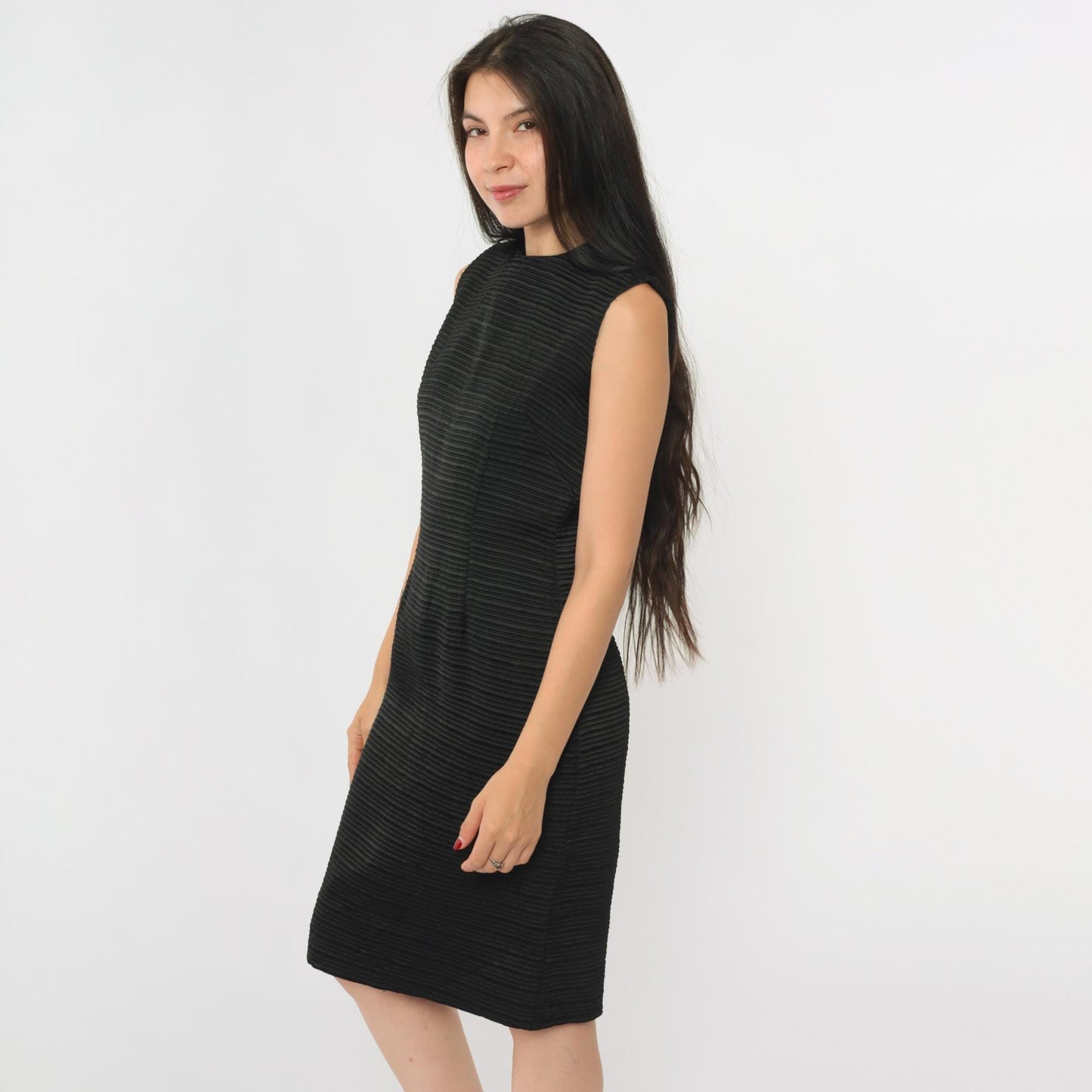60s Black Ribbed Sheath Dress Sleeveless Knee Length Cocktail Extra Small XS