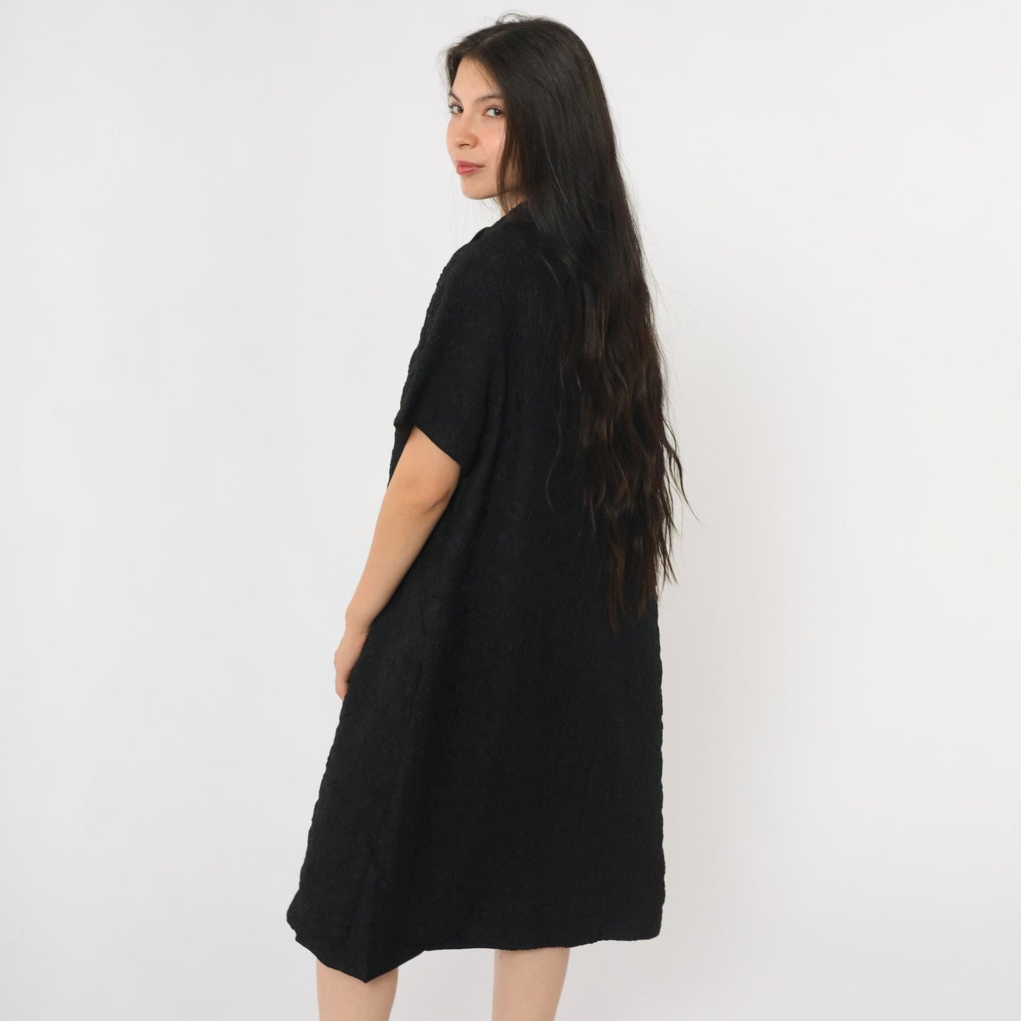 1960s Black Shift Dress Fold-Over Collar Knee Length Extra Large XL