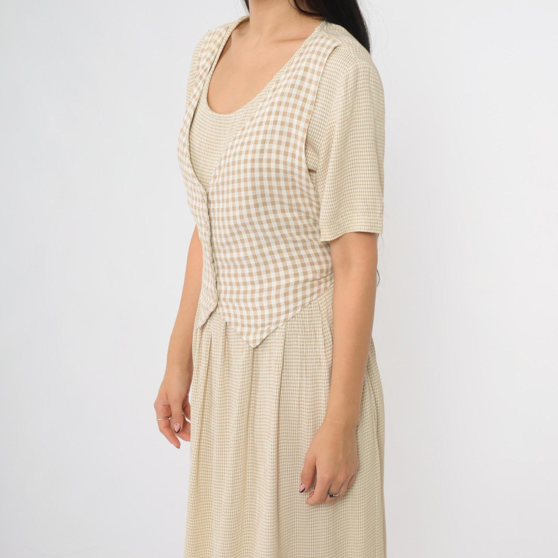90s Ultra Dress Tan Gingham Maxi Dress Button Front Vest Set Large 12