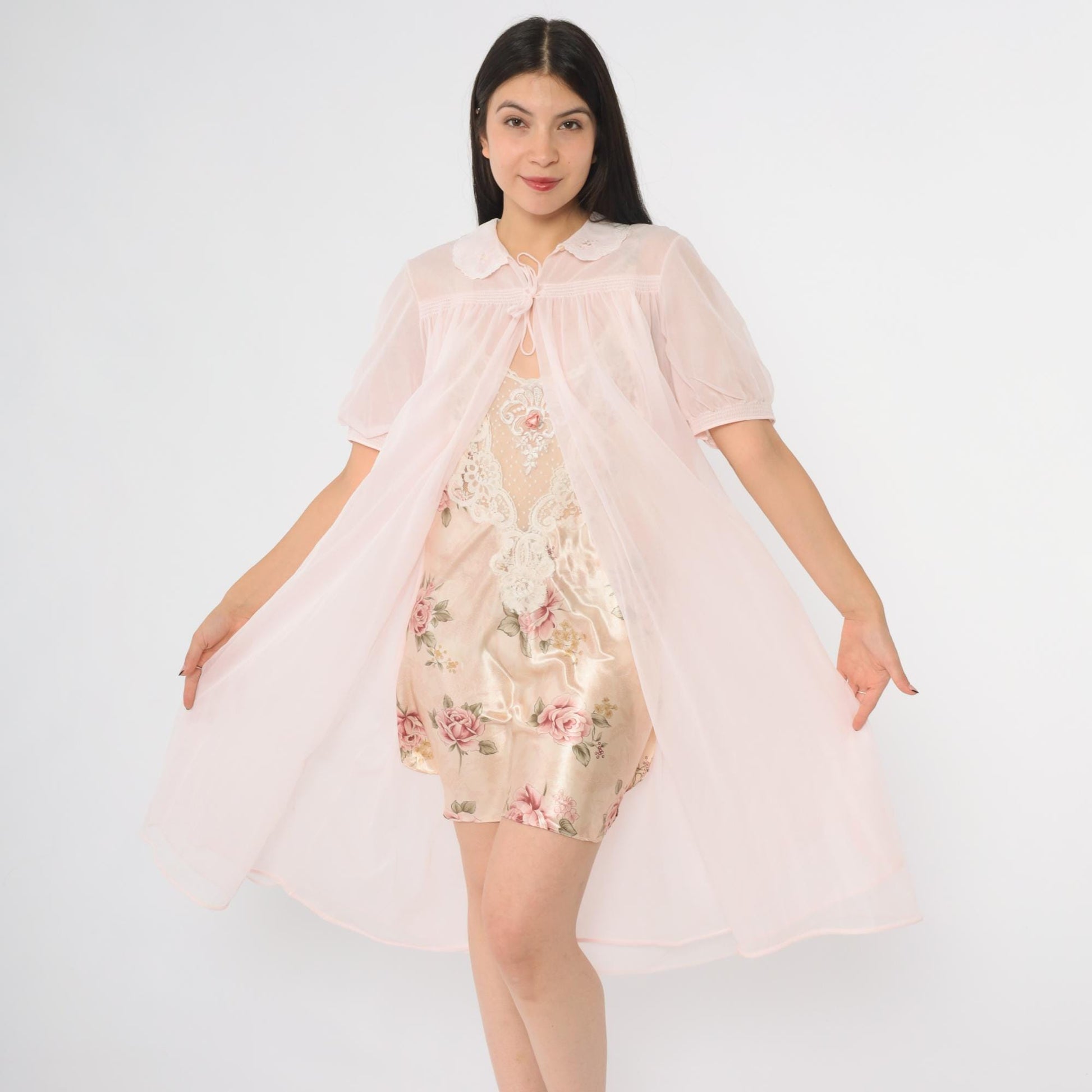 70s Pink Nylon Nightgown Peter Pan Collar Tie Front Midi Medium Large