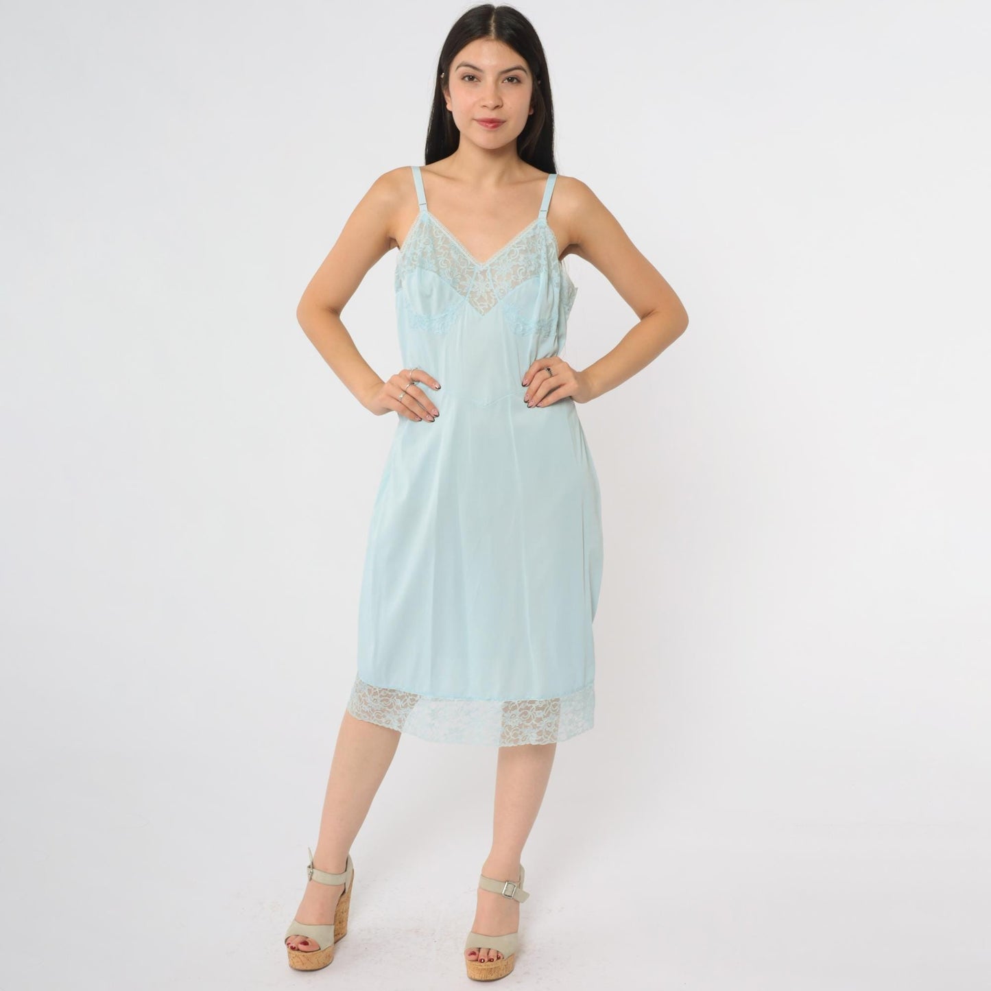 70s Warner's Baby Blue Slip Dress Midi V-Neck Empire Waist Medium