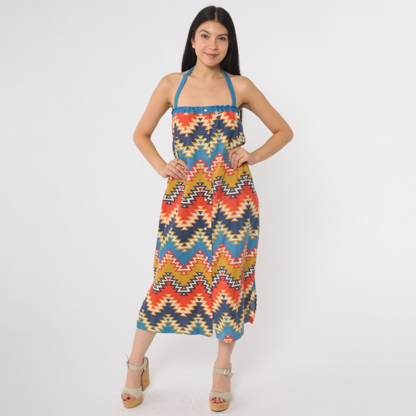 70s Geometric Southwest Halter Midi Dress Cotton Diamond Zigzag Small S