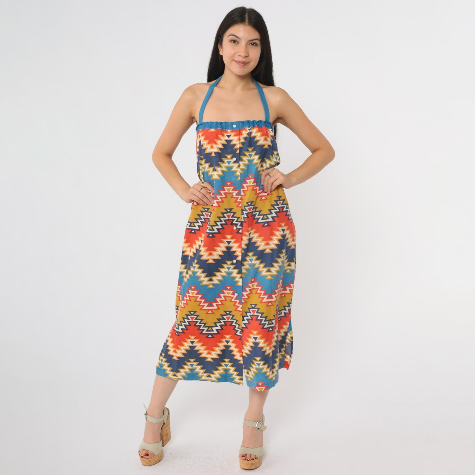 70s Geometric Southwest Halter Midi Dress Cotton Diamond Zigzag Small S