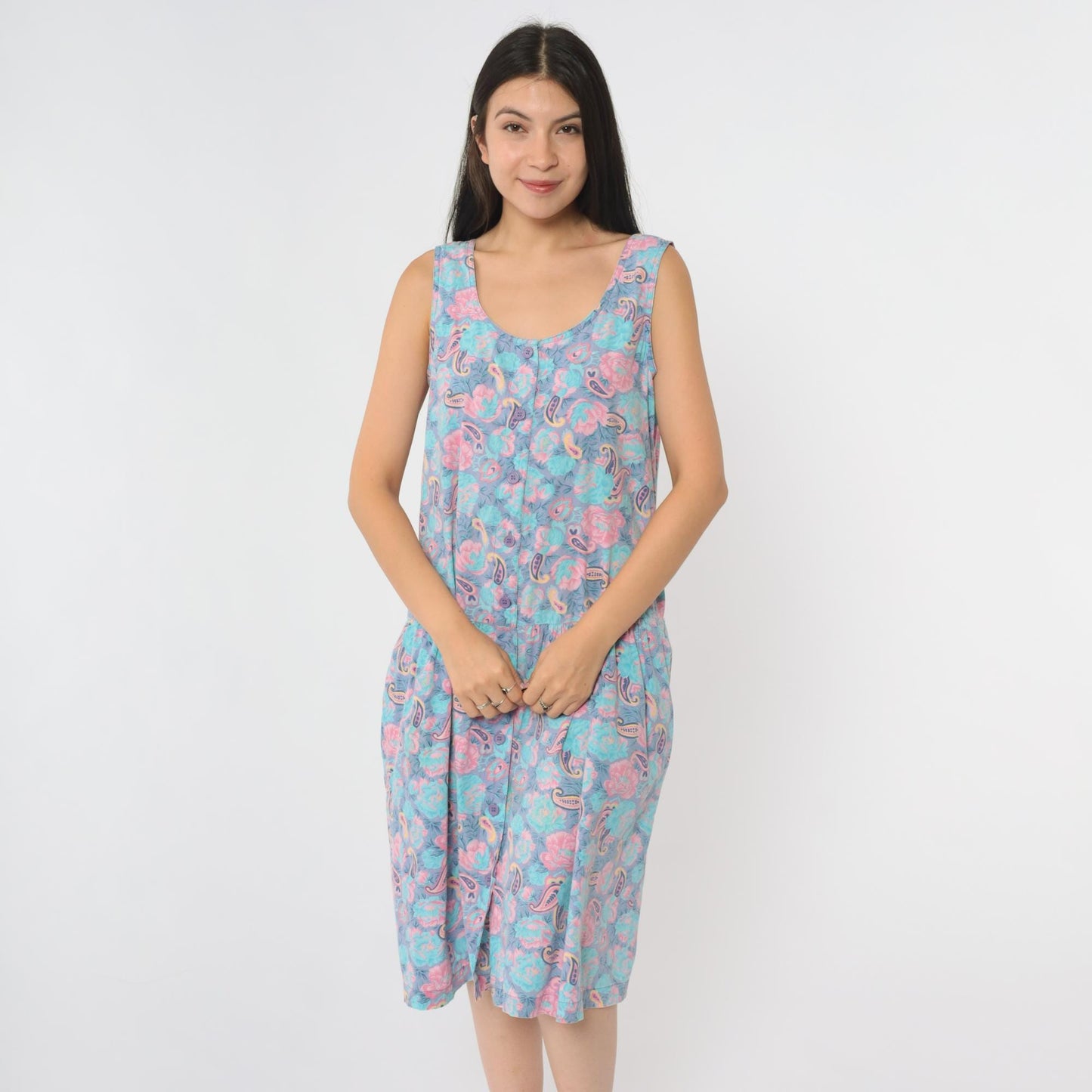 90s Intimate Options Turquoise Paisley Midi Dress Button Front Scoop Neck Small