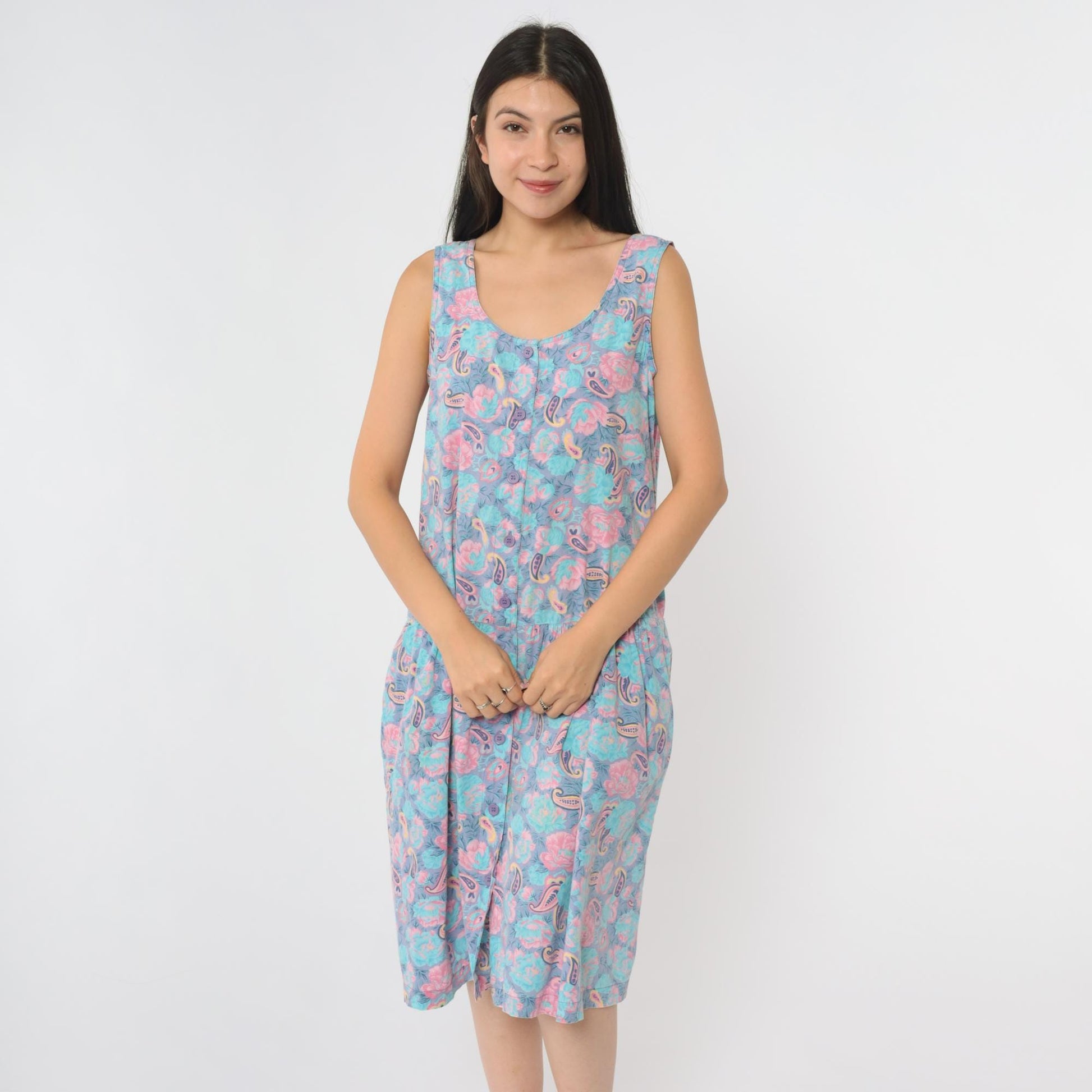 90s Intimate Options Turquoise Paisley Midi Dress Button Front Scoop Neck Small