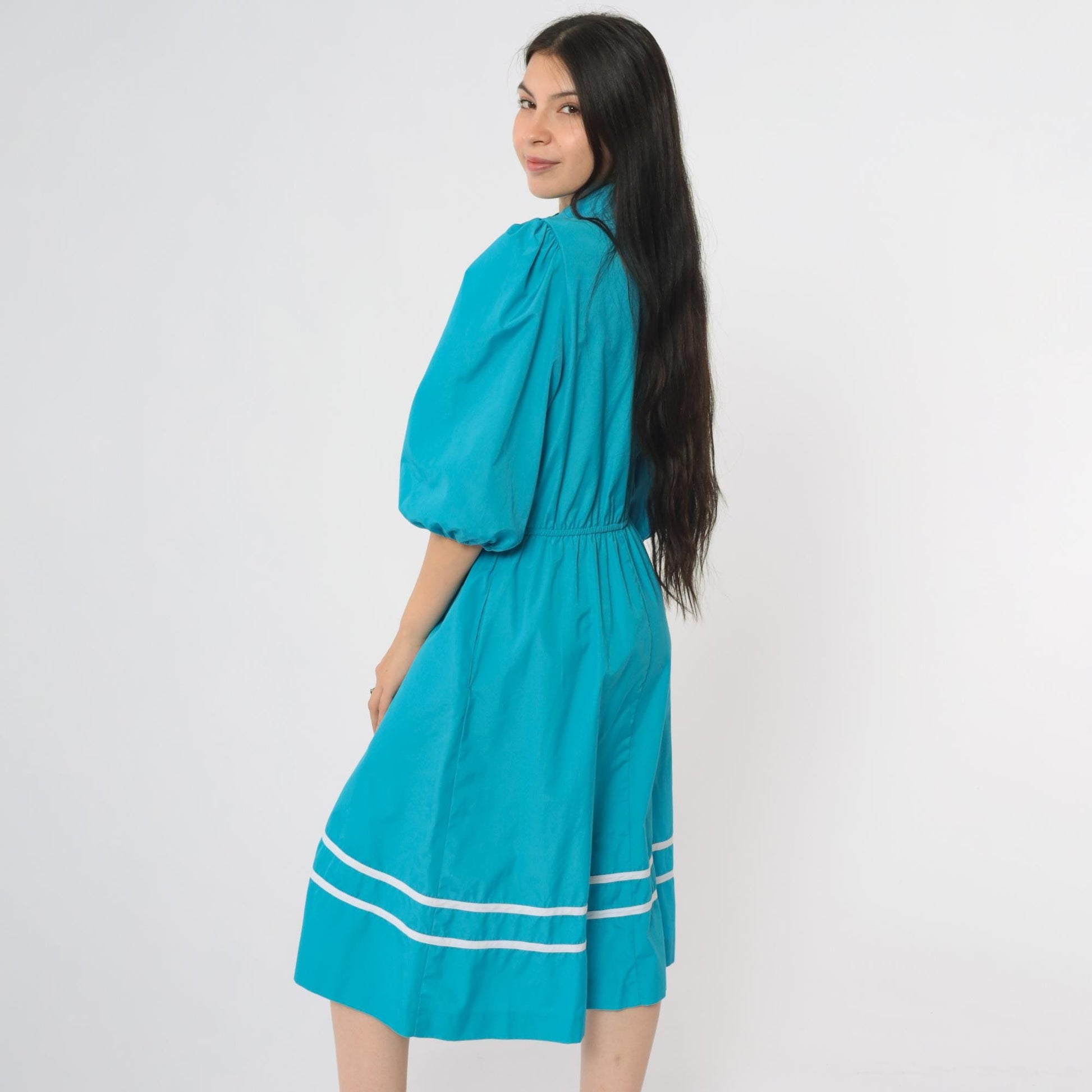 80s Turquoise Midi Dress Puff Sleeve Button Front Pintuck Bodice Medium