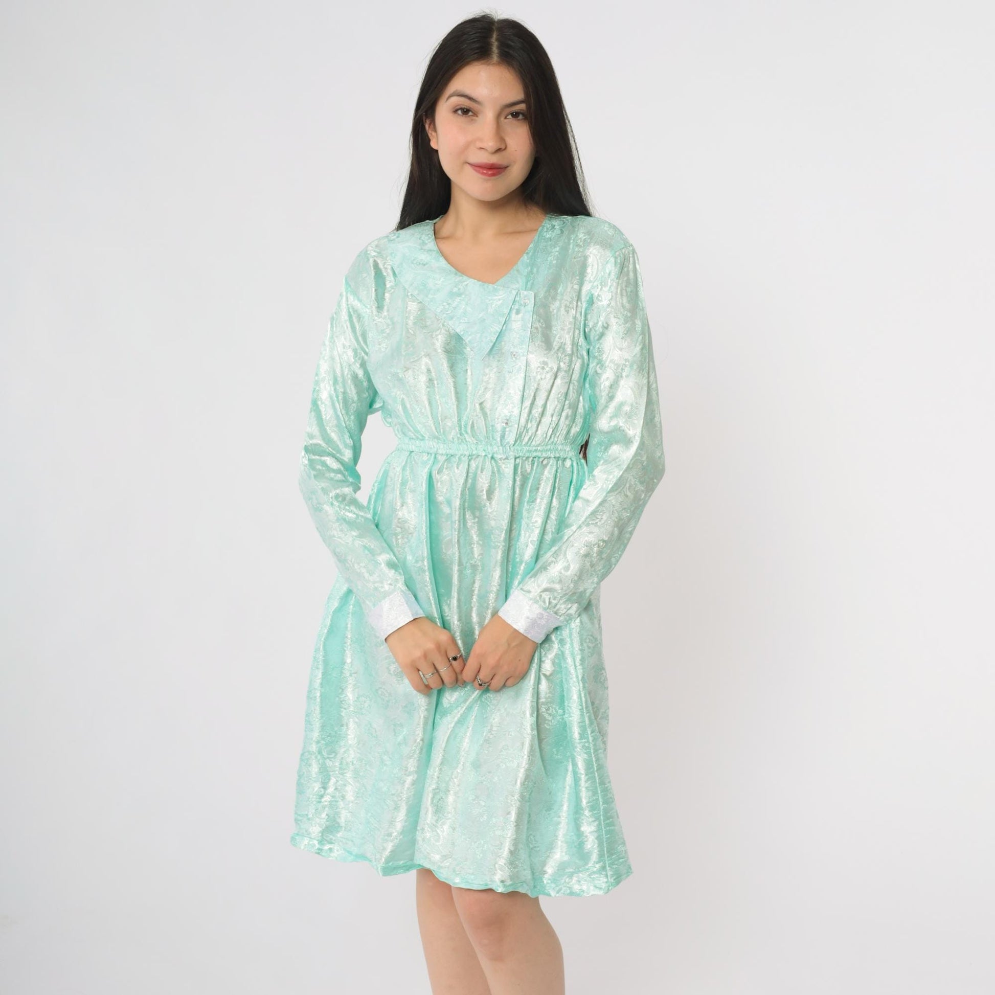80s Mint Green Satin V-Neck Dress Long Sleeve Bow Detail Small