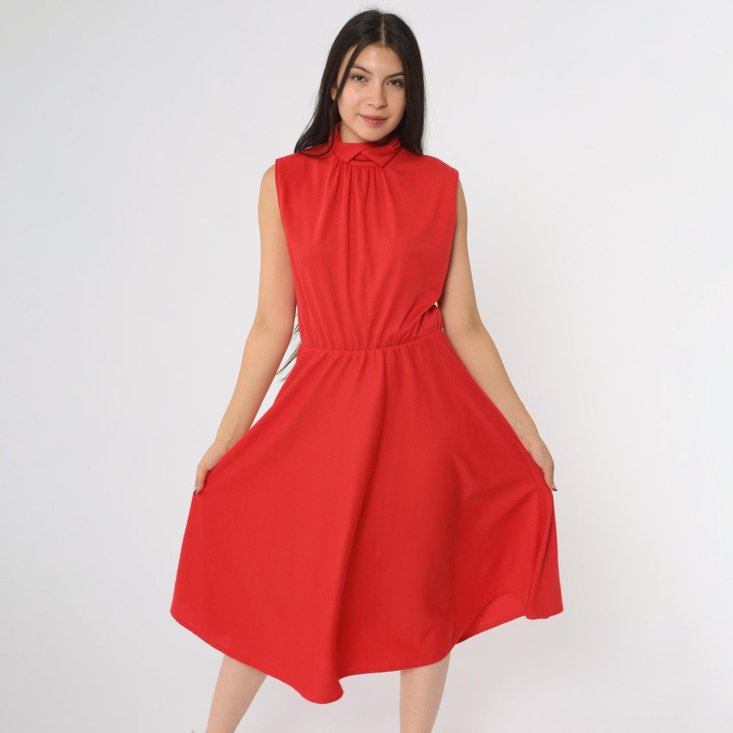 80s Impromptu Red Sleeveless Midi Dress Elastic Waist Collar Small
