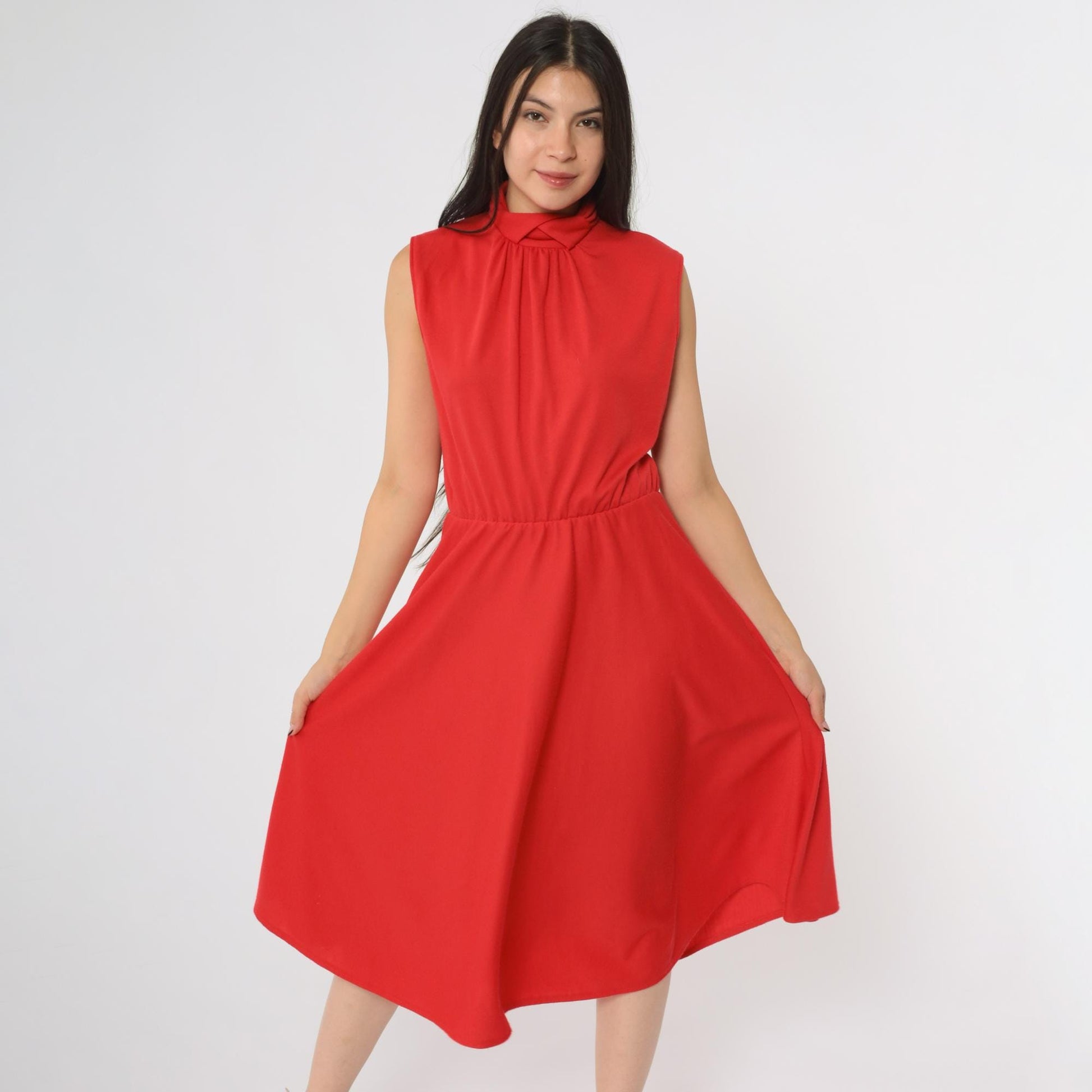 80s Impromptu Red Sleeveless Midi Dress Elastic Waist Collar Small