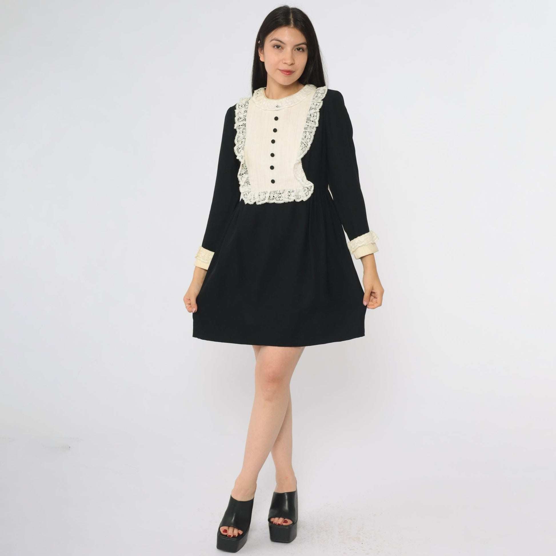 60s Black Babydoll Mini Dress White Lace Bib Long Sleeve Medium