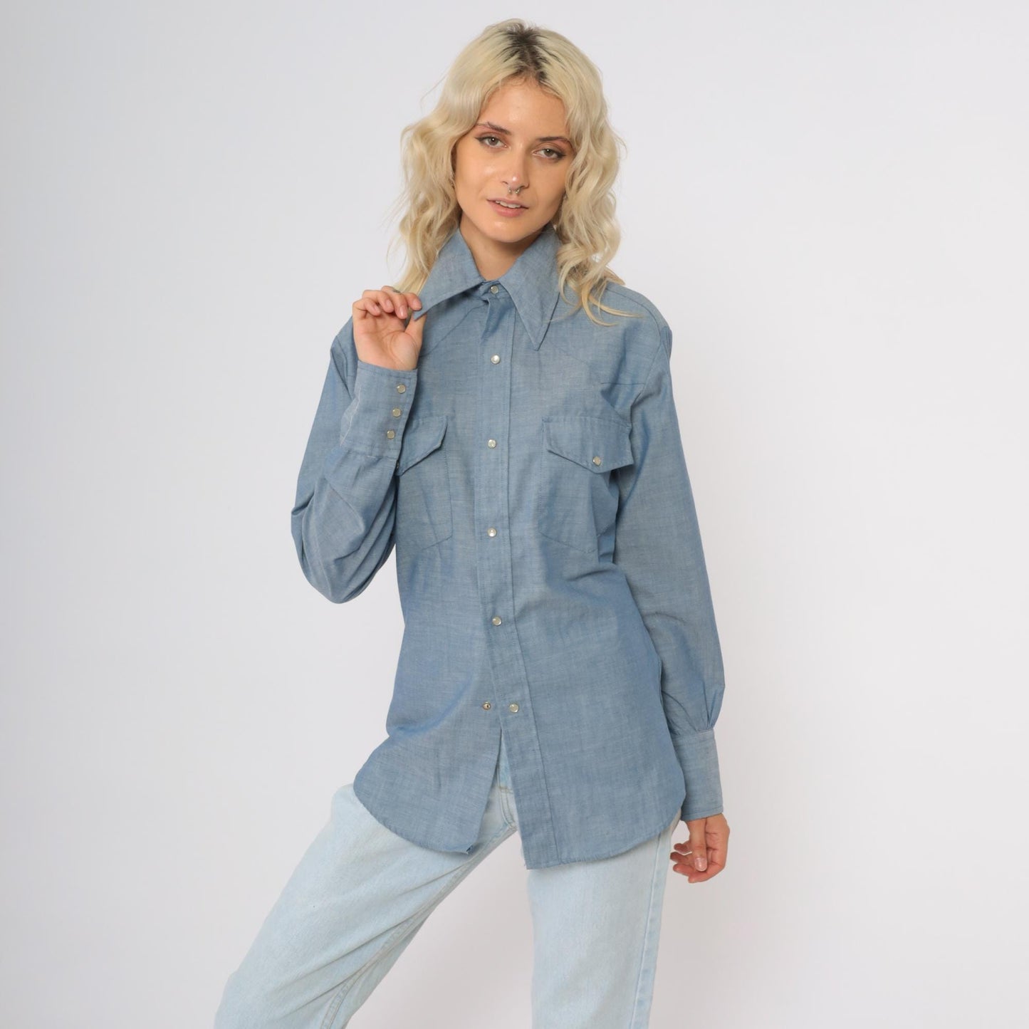 70s Continental Casuals Western Chambray Shirt Blue Pearl Snap Small