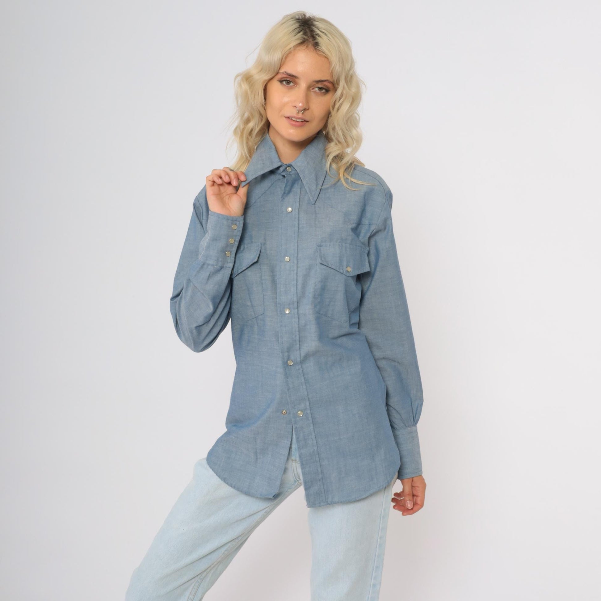 70s Continental Casuals Western Chambray Shirt Blue Pearl Snap Small