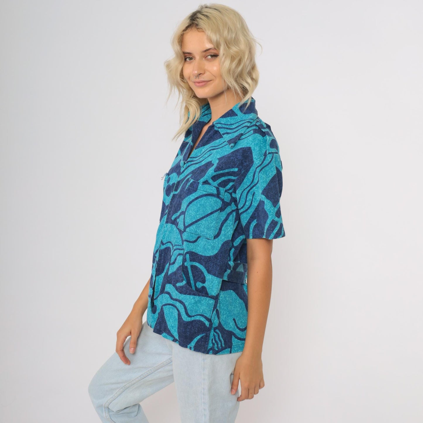 70s Hawaiian Zip Blouse Turquoise Psychedelic Tiki Print Short Sleeve Small