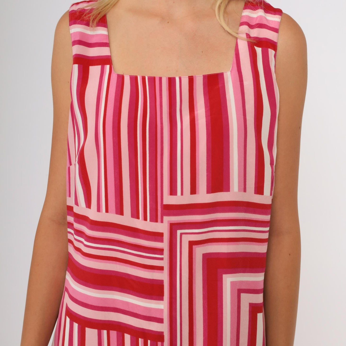 Y2K Easy Pieces New York Red Pink Striped Mini Dress Geometric Tie Straps Medium