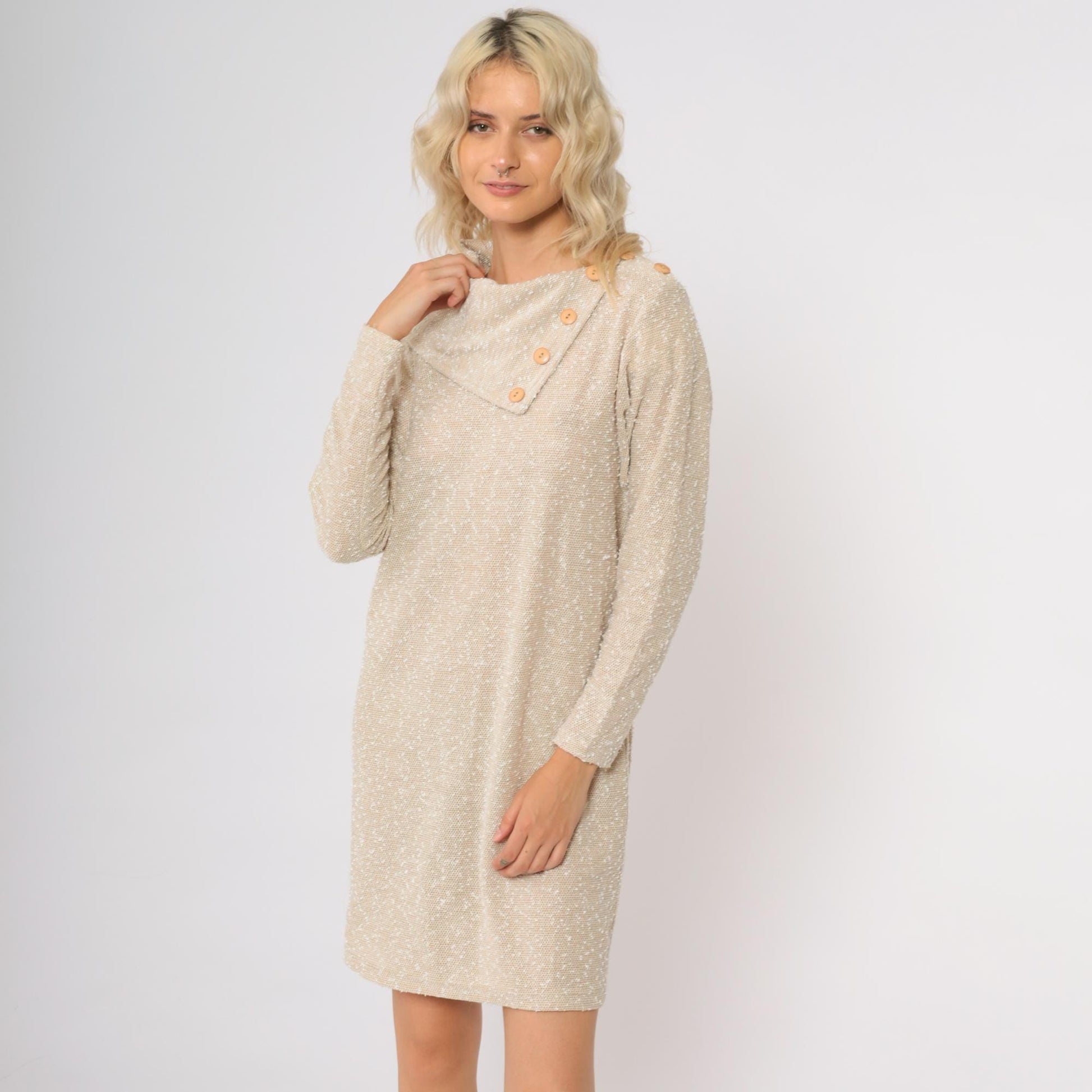 80s Beige Knit Shift Dress Asymmetrical Collar Long Sleeve Knee Length Medium M