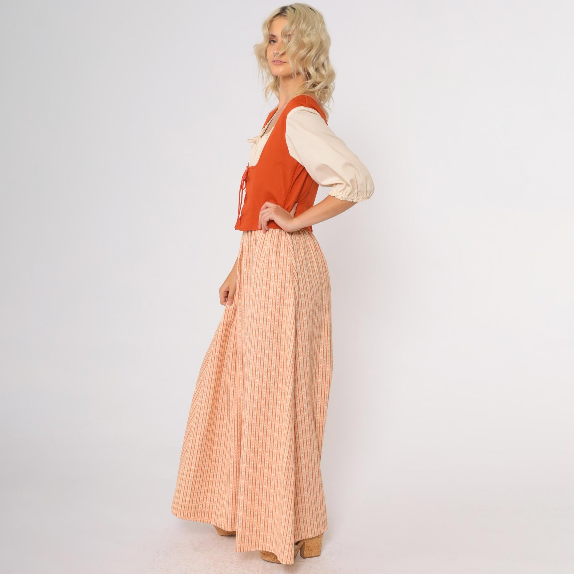 70s Prairie Maxi Dress Lace-Up Corset Bodice Puff Sleeve Orange Cream Medium M